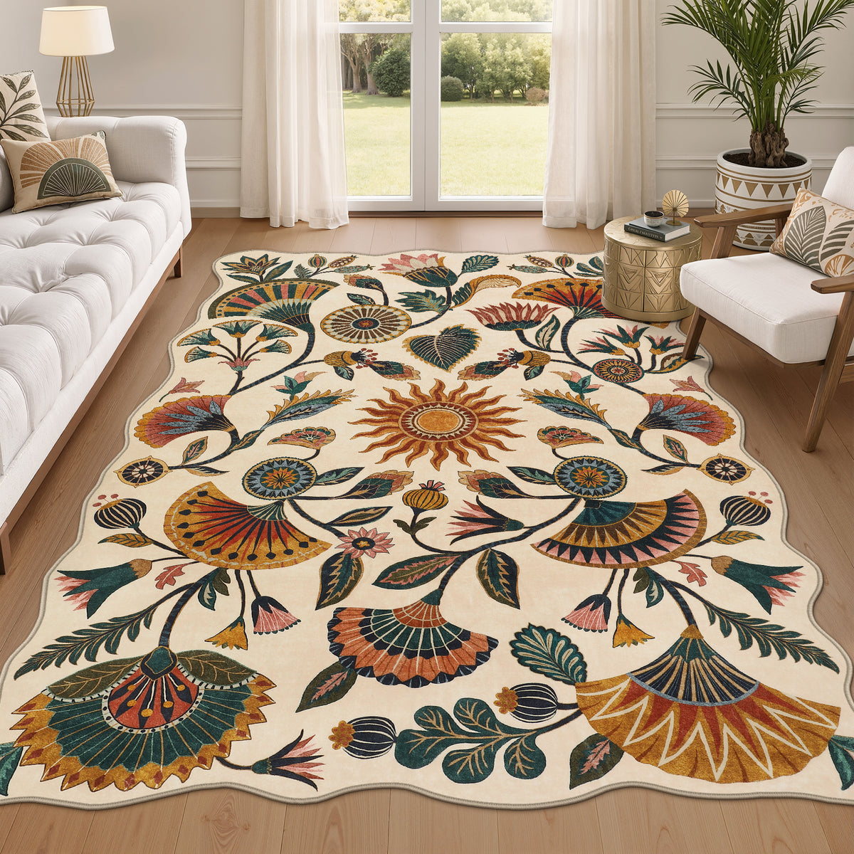 Boho Floral Washable Area Rug, Non-Slip Rug for Living Room Bedroom, Boho Floral Carpet