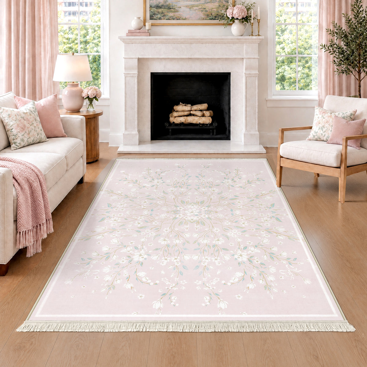 Boho Floral Washable Area Rug,Soft Non-Slip Low Pile Carpet for Living Room