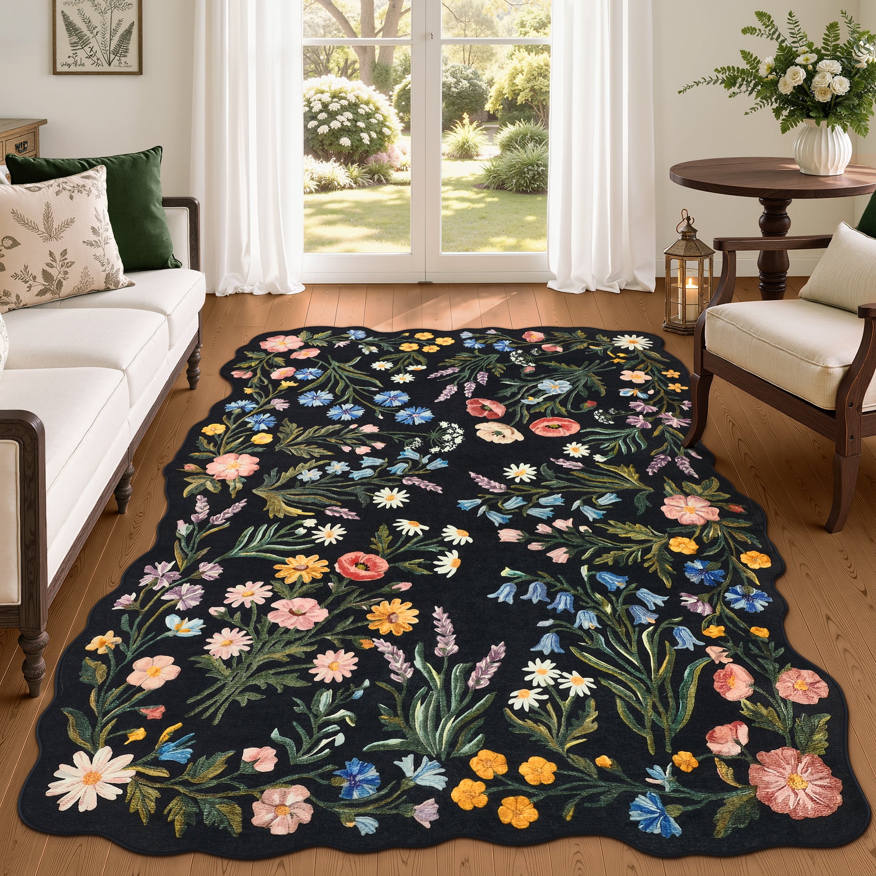 5x7/8x10 Floral Area Rug, Machine Washable Faux Wool, Non-Slip Scalloped Botanical Carpet