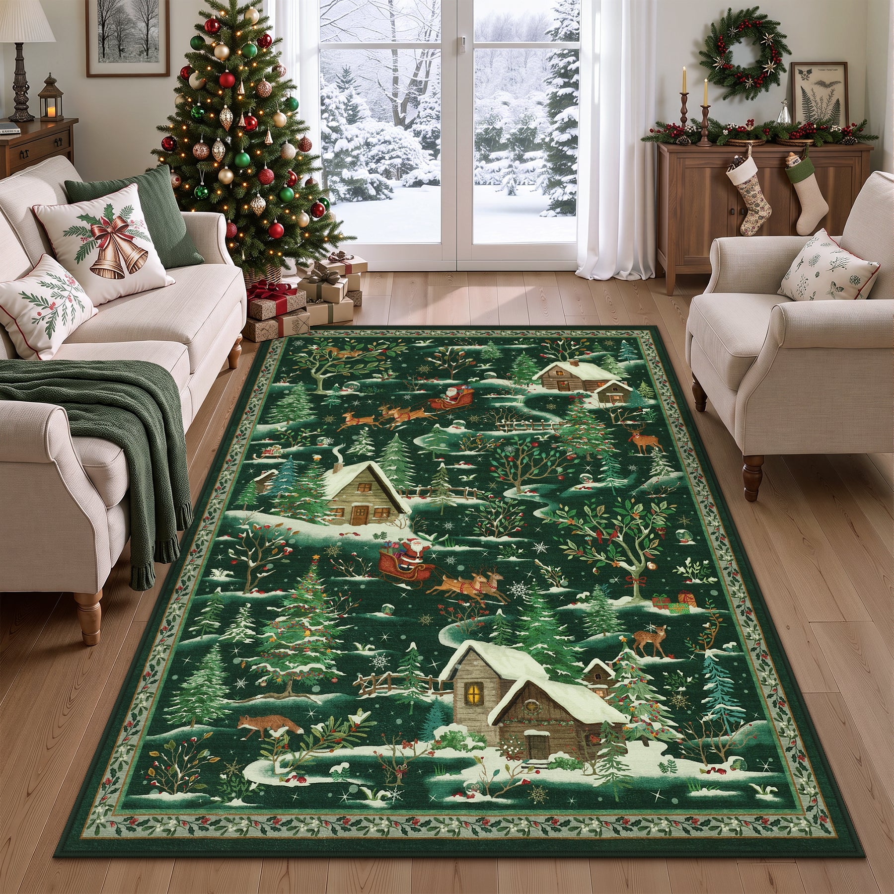 Christmas Snow Forest Washable Area Rug, Soft Holiday Scene Non-Slip Indoor Rug for Living Room Bedroom, Oeko-Tex Certified