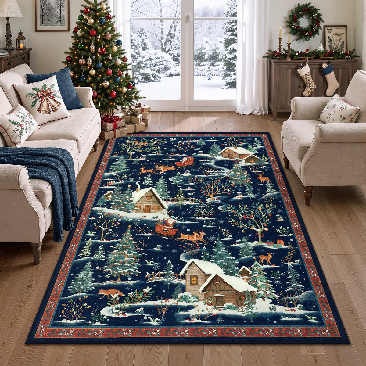 Christmas Snow Forest Washable Area Rug, Soft Holiday Scene Non-Slip Indoor Rug for Living Room Bedroom, Oeko-Tex Certified