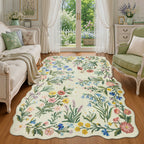 5x7/8x10 Floral Area Rug, Machine Washable Faux Wool, Non-Slip Scalloped Botanical Carpet