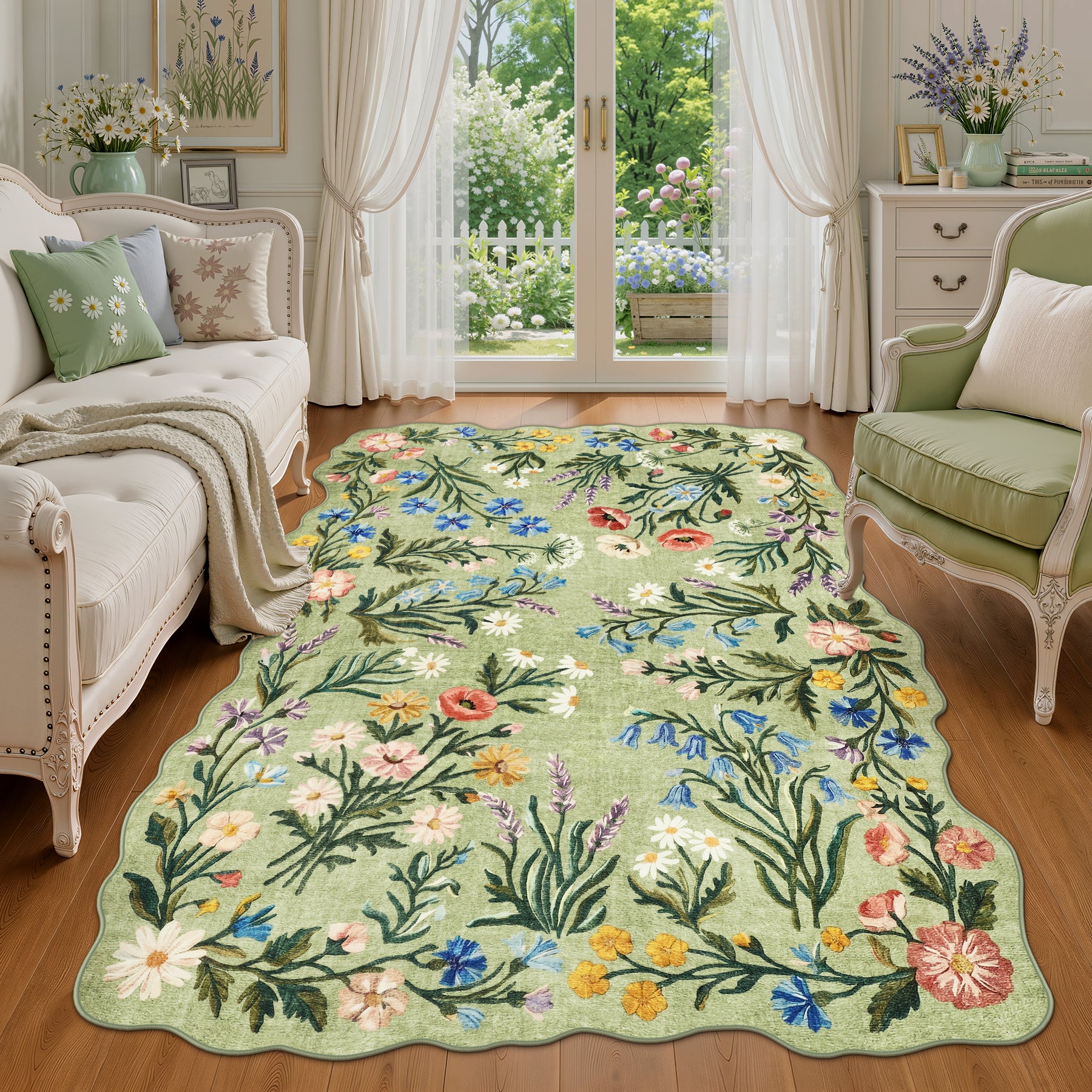 5x7/8x10 Floral Area Rug, Machine Washable Faux Wool, Non-Slip Scalloped Botanical Carpet