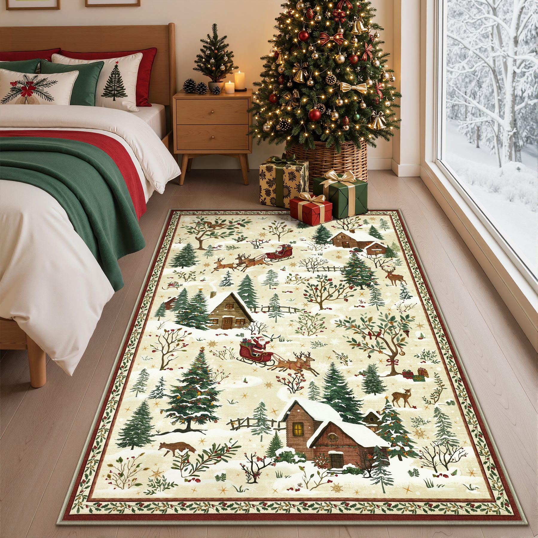 Christmas Snow Forest Washable Area Rug, Soft Holiday Scene Non-Slip Indoor Rug for Living Room Bedroom, Oeko-Tex Certified