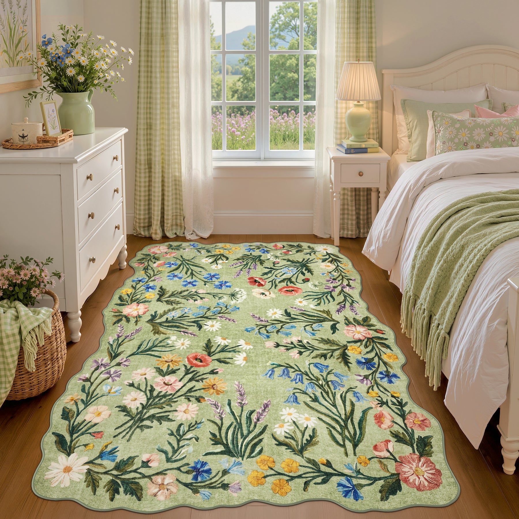 5x7/8x10 Floral Area Rug, Machine Washable Faux Wool, Non-Slip Scalloped Botanical Carpet