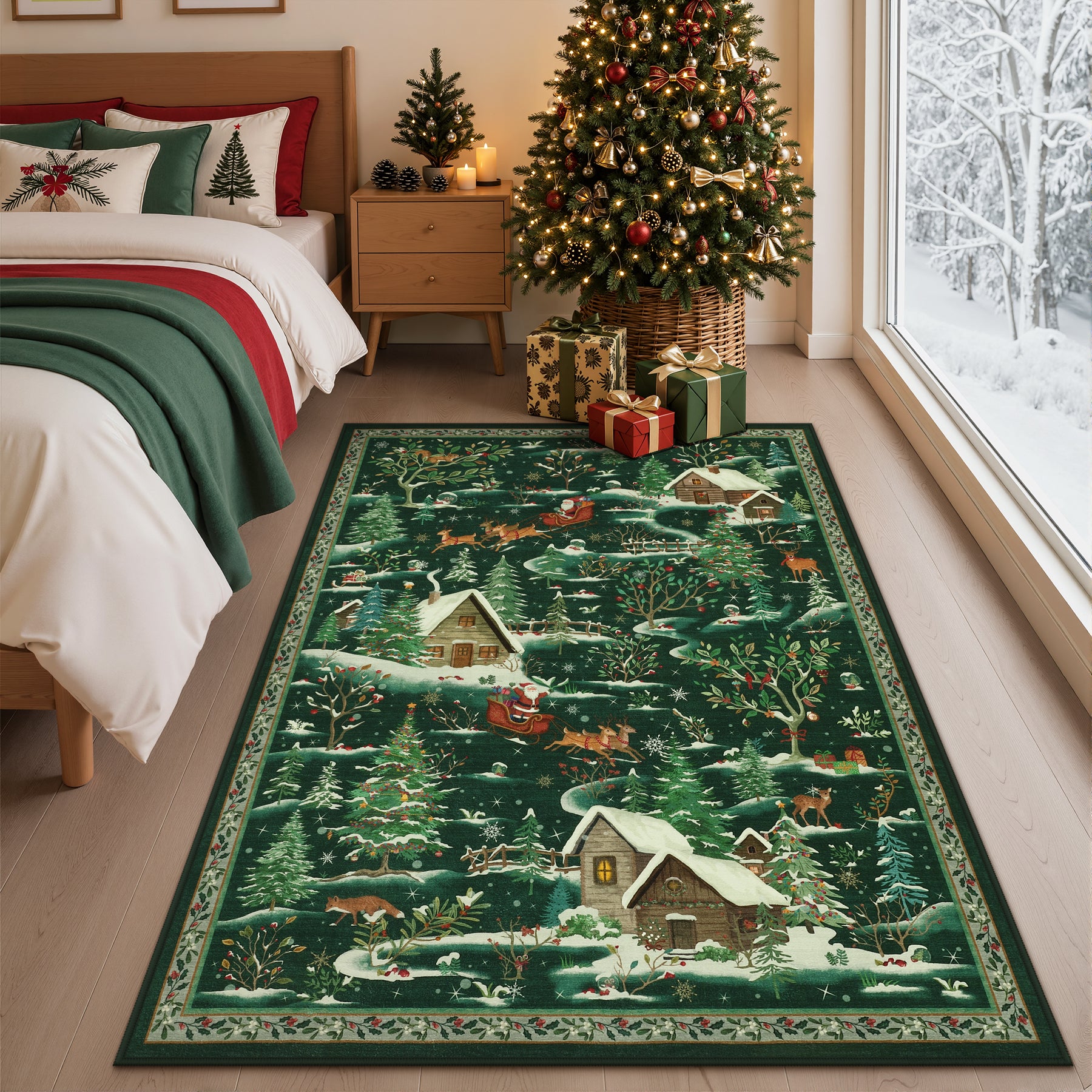 Christmas Snow Forest Washable Area Rug, Soft Holiday Scene Non-Slip Indoor Rug for Living Room Bedroom, Oeko-Tex Certified