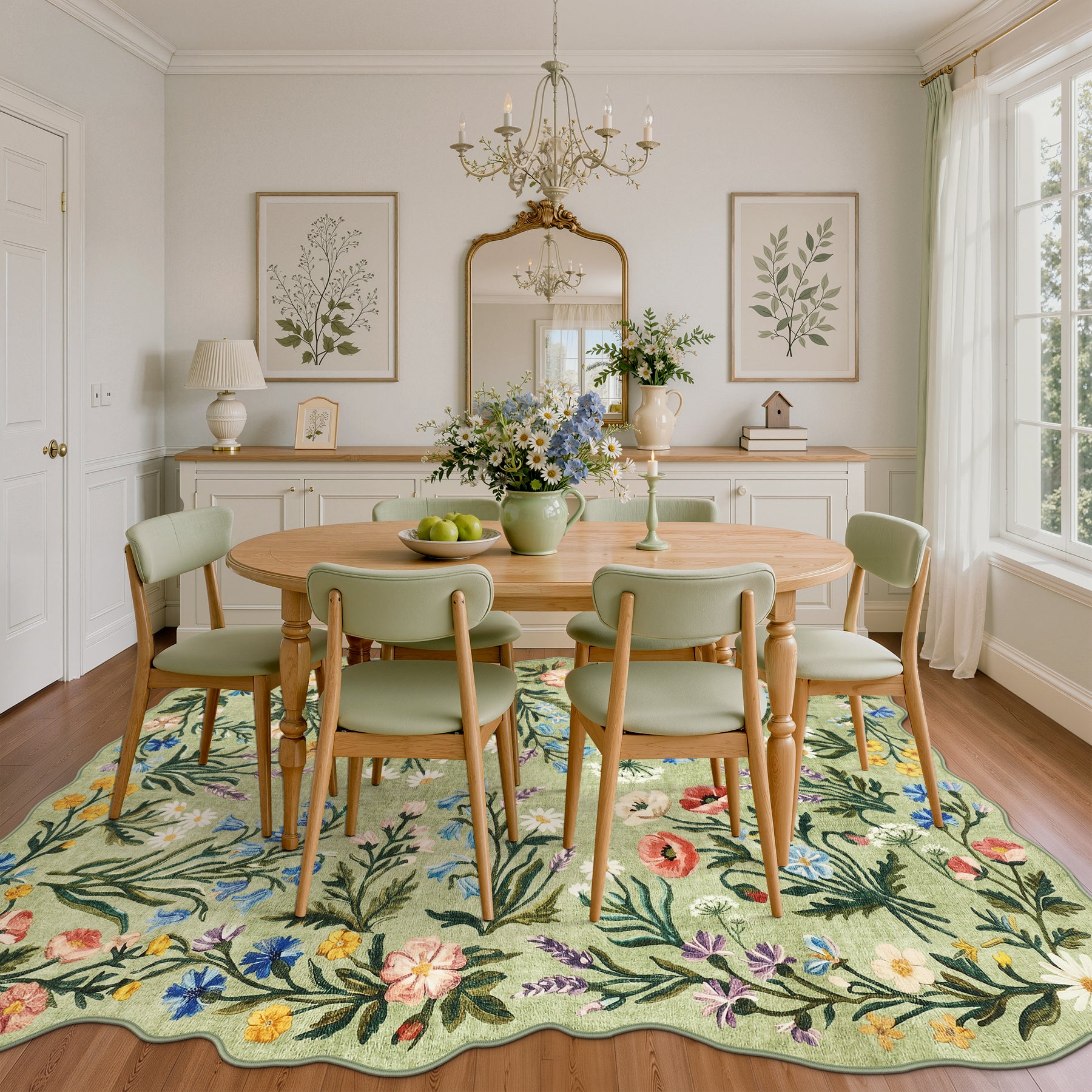 5x7/8x10 Floral Area Rug, Machine Washable Faux Wool, Non-Slip Scalloped Botanical Carpet