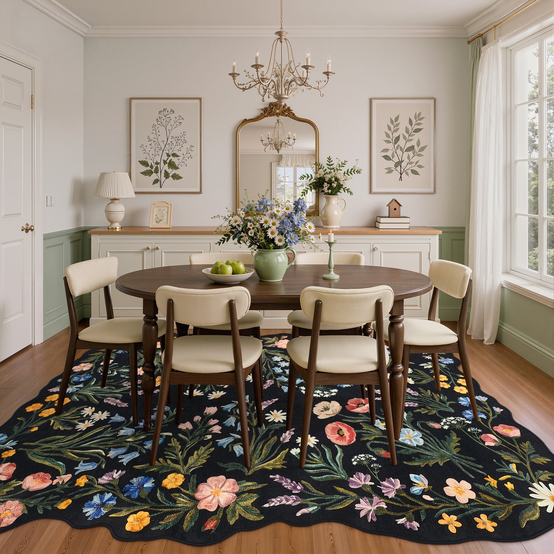 5x7/8x10 Floral Area Rug, Machine Washable Faux Wool, Non-Slip Scalloped Botanical Carpet