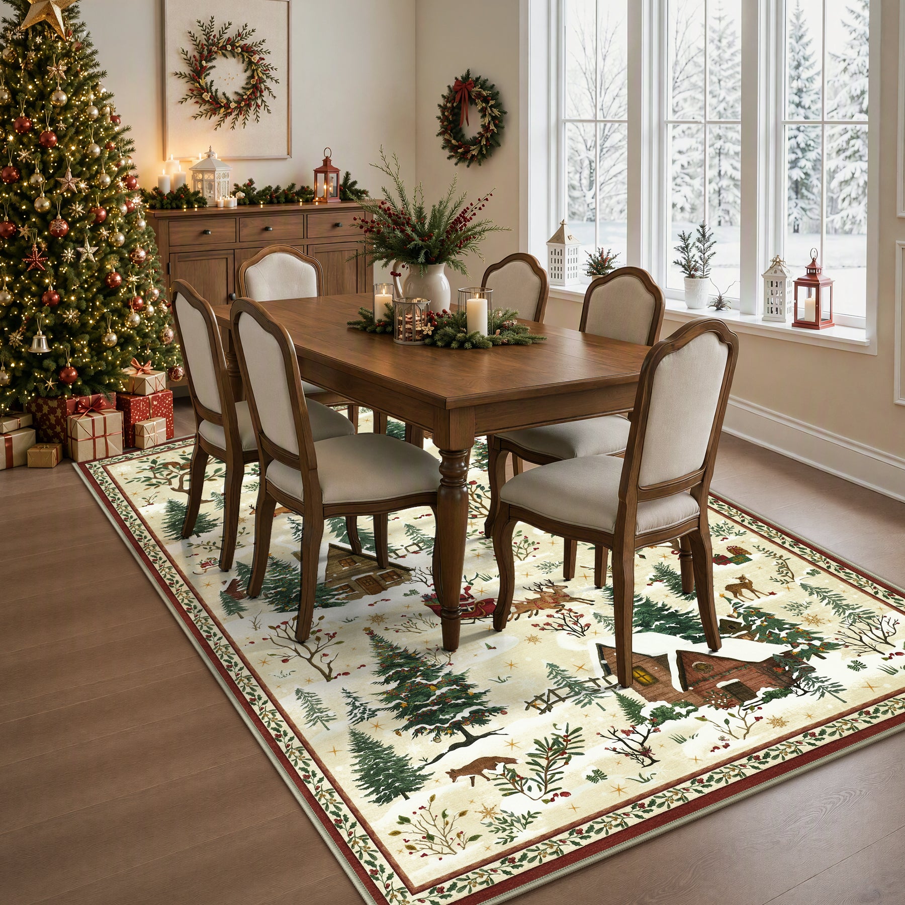 Christmas Snow Forest Washable Area Rug, Soft Holiday Scene Non-Slip Indoor Rug for Living Room Bedroom, Oeko-Tex Certified