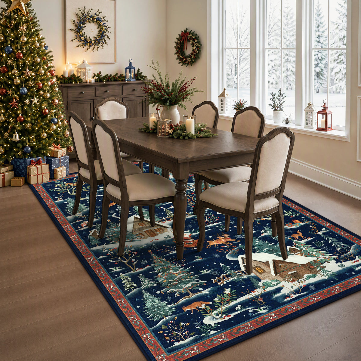 Christmas Snow Forest Washable Area Rug, Soft Holiday Scene Non-Slip Indoor Rug for Living Room Bedroom, Oeko-Tex Certified