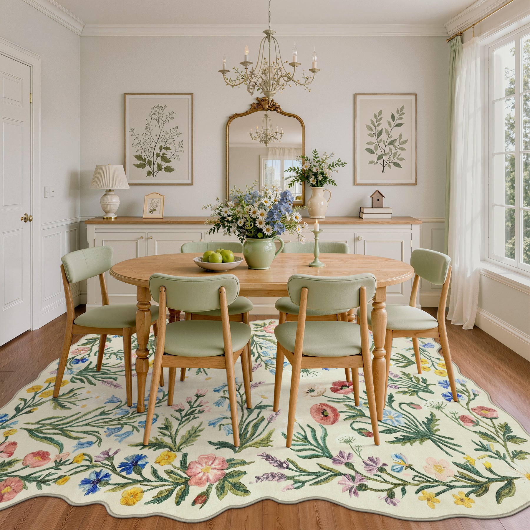 5x7/8x10 Floral Area Rug, Machine Washable Faux Wool, Non-Slip Scalloped Botanical Carpet