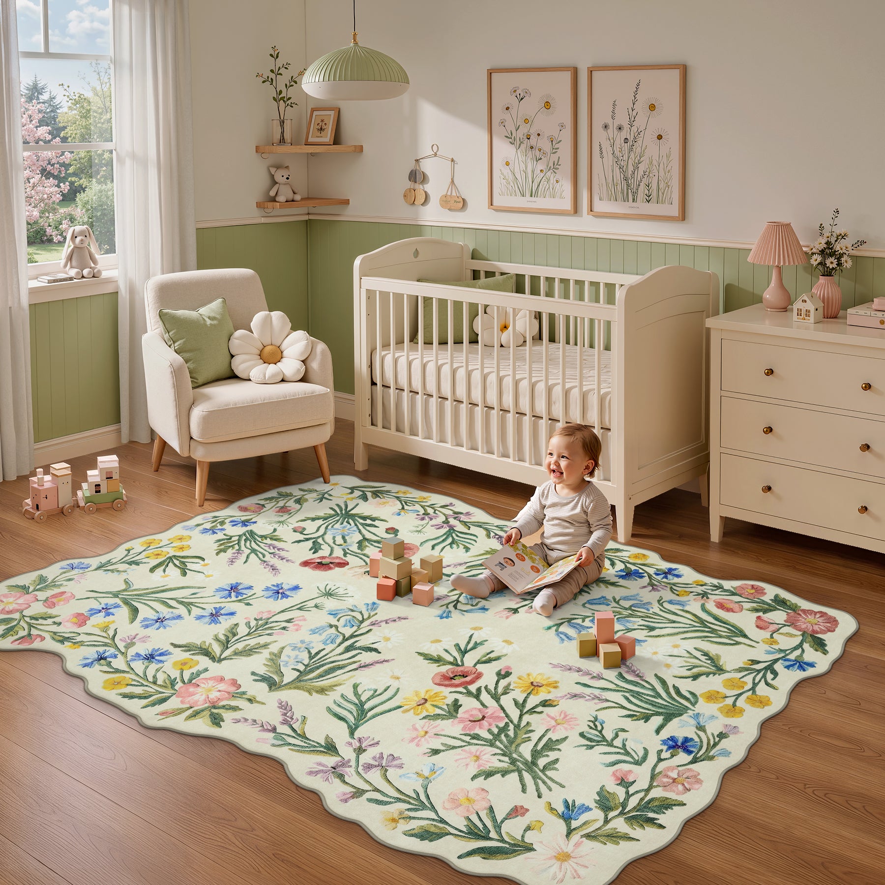 5x7/8x10 Floral Area Rug, Machine Washable Faux Wool, Non-Slip Scalloped Botanical Carpet