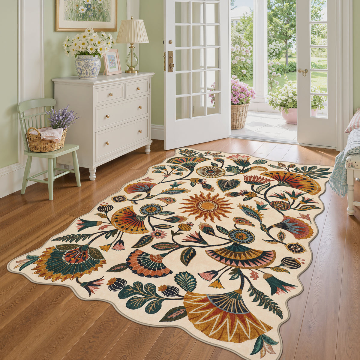 Boho Floral Washable Area Rug, Non-Slip Rug for Living Room Bedroom, Boho Floral Carpet