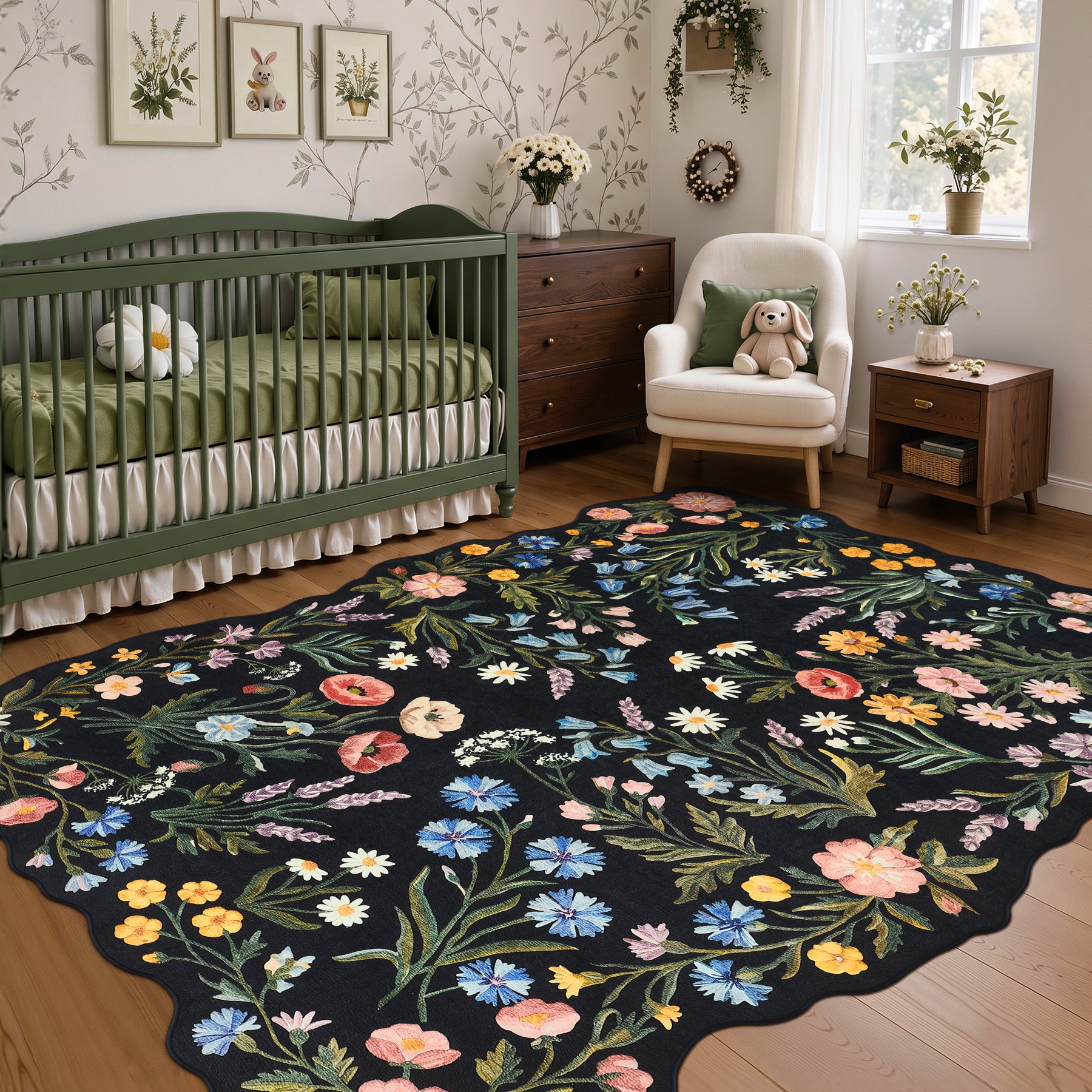 5x7/8x10 Floral Area Rug, Machine Washable Faux Wool, Non-Slip Scalloped Botanical Carpet