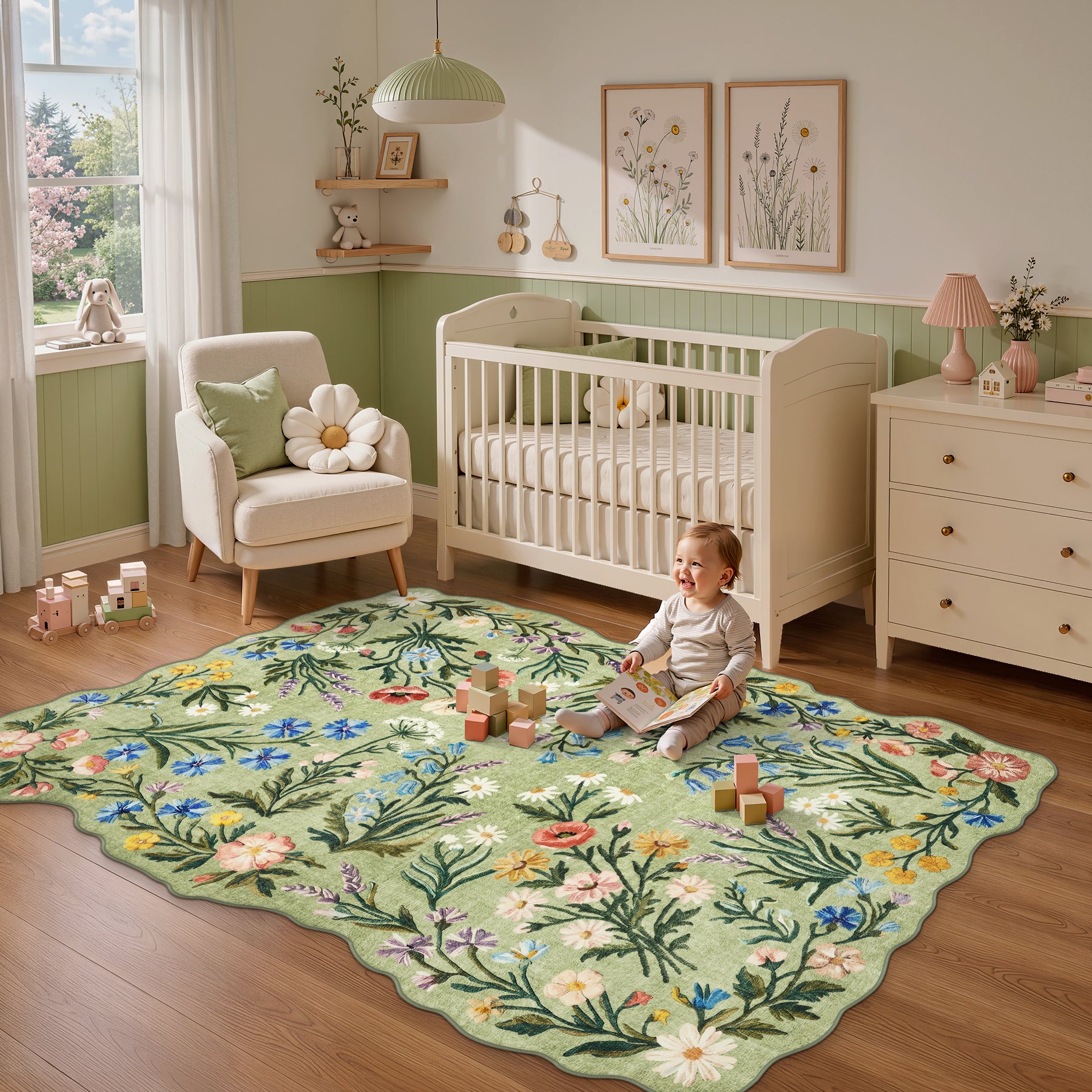 5x7/8x10 Floral Area Rug, Machine Washable Faux Wool, Non-Slip Scalloped Botanical Carpet