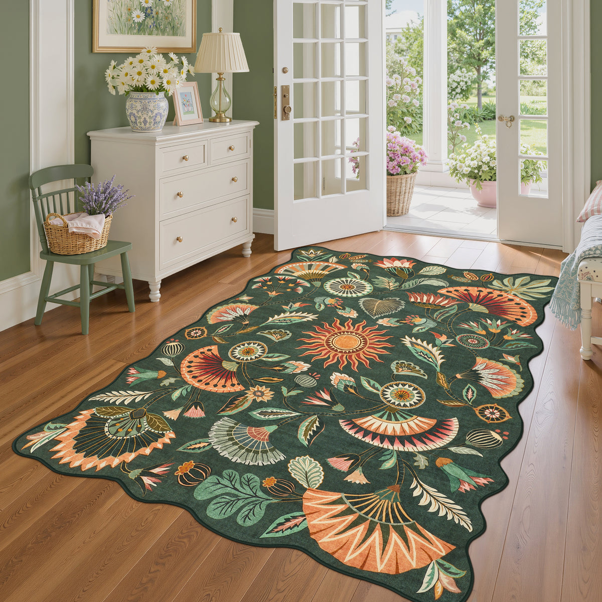 Boho Floral Washable Area Rug, Non-Slip Rug for Living Room Bedroom, Boho Floral Carpet