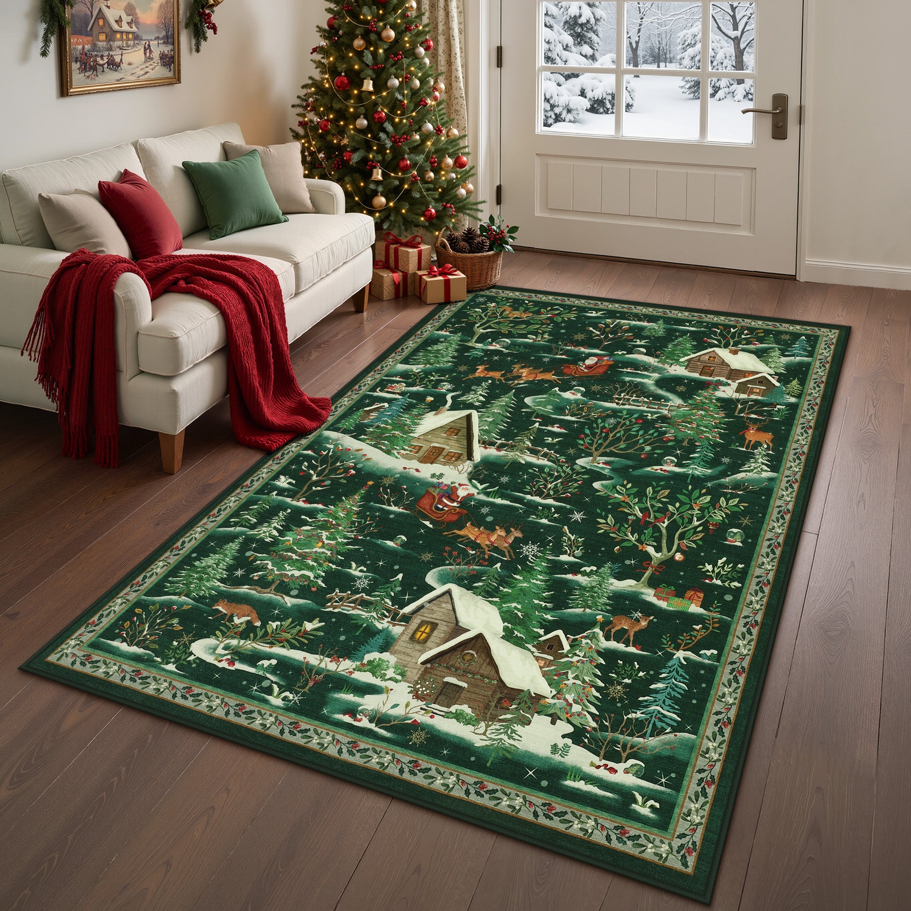 Christmas Snow Forest Washable Area Rug, Soft Holiday Scene Non-Slip Indoor Rug for Living Room Bedroom, Oeko-Tex Certified
