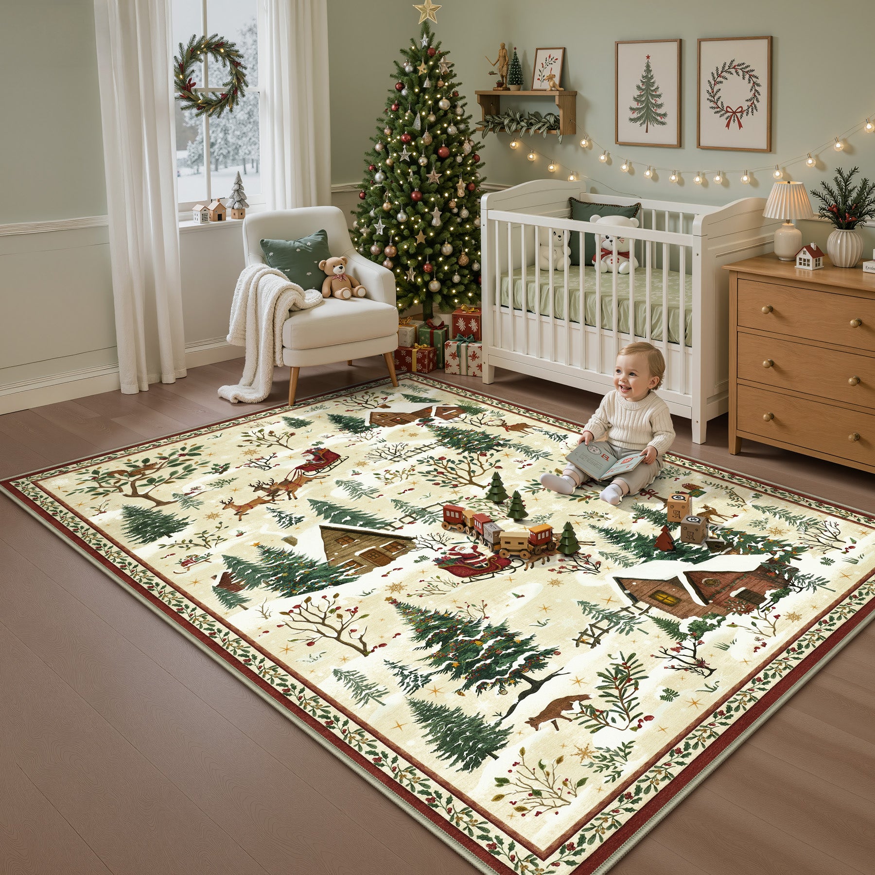Christmas Snow Forest Washable Area Rug, Soft Holiday Scene Non-Slip Indoor Rug for Living Room Bedroom, Oeko-Tex Certified