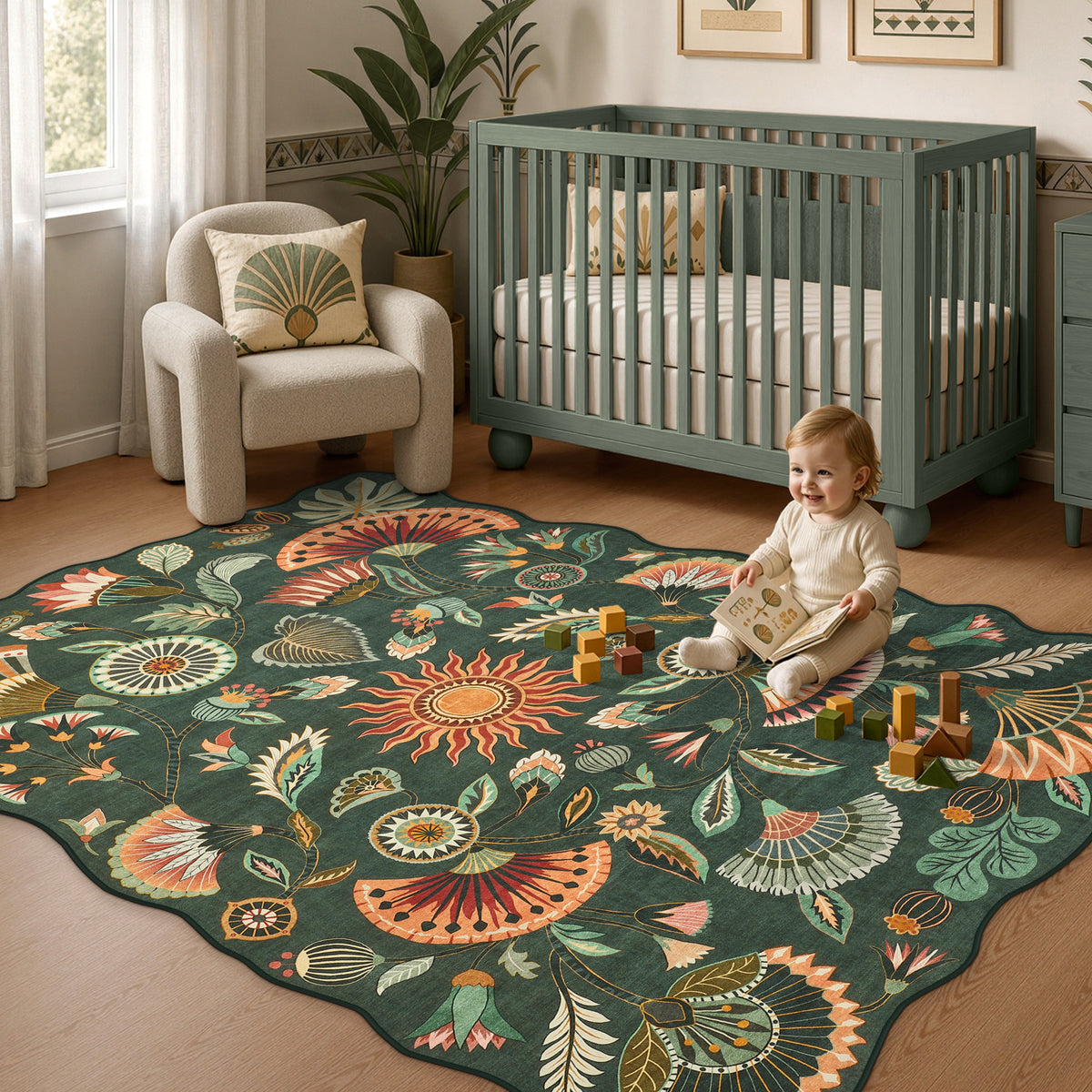 Boho Floral Washable Area Rug, Non-Slip Rug for Living Room Bedroom, Boho Floral Carpet