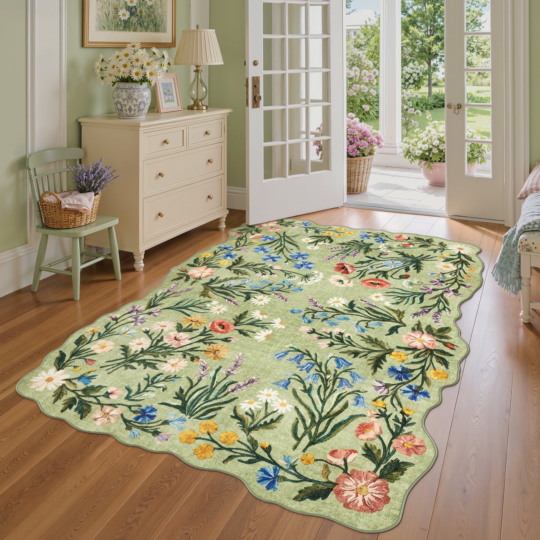 5x7/8x10 Floral Area Rug, Machine Washable Faux Wool, Non-Slip Scalloped Botanical Carpet