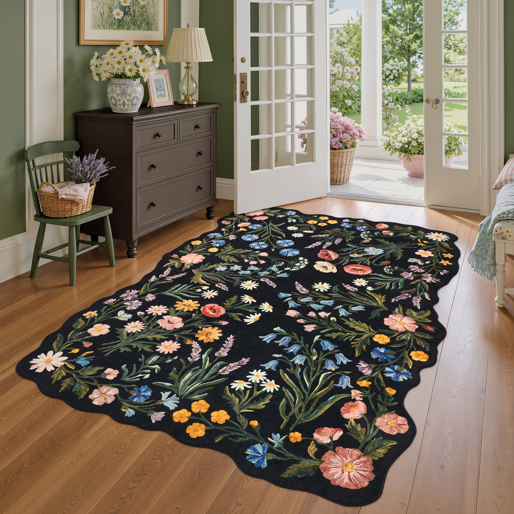 5x7/8x10 Floral Area Rug, Machine Washable Faux Wool, Non-Slip Scalloped Botanical Carpet