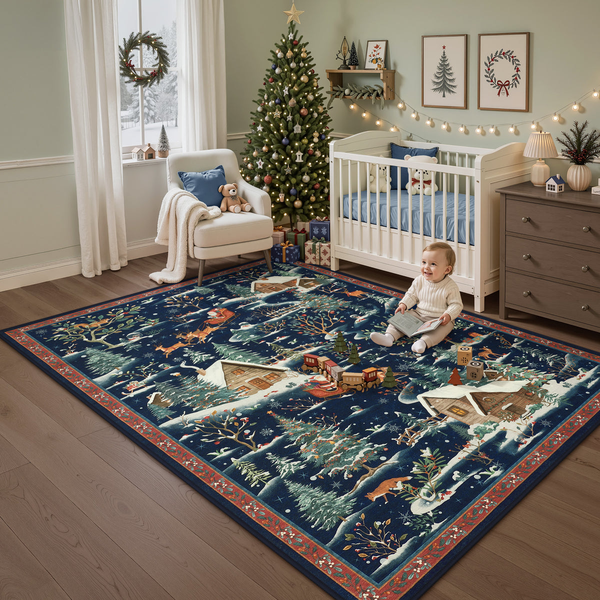 Christmas Snow Forest Washable Area Rug, Soft Holiday Scene Non-Slip Indoor Rug for Living Room Bedroom, Oeko-Tex Certified