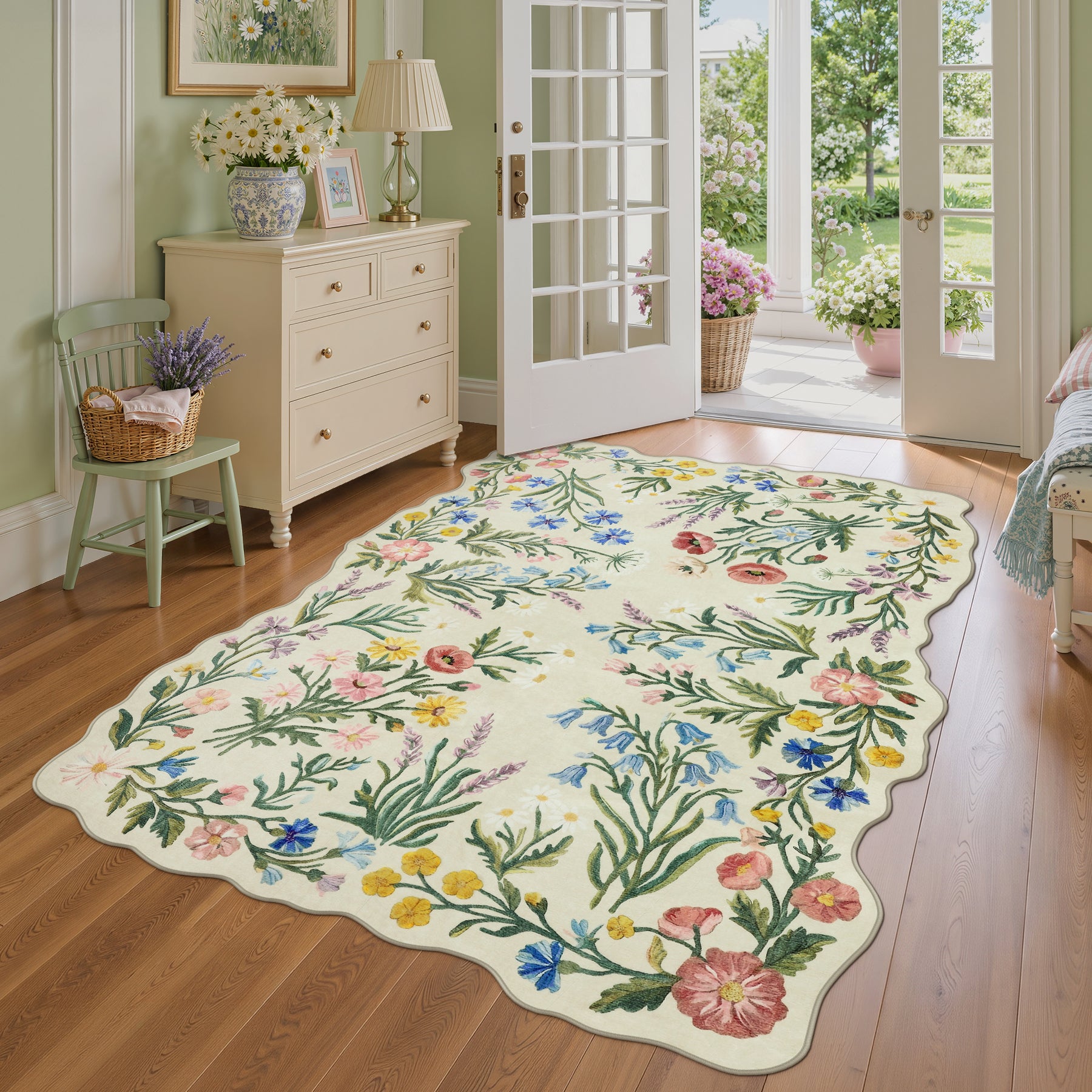5x7/8x10 Floral Area Rug, Machine Washable Faux Wool, Non-Slip Scalloped Botanical Carpet
