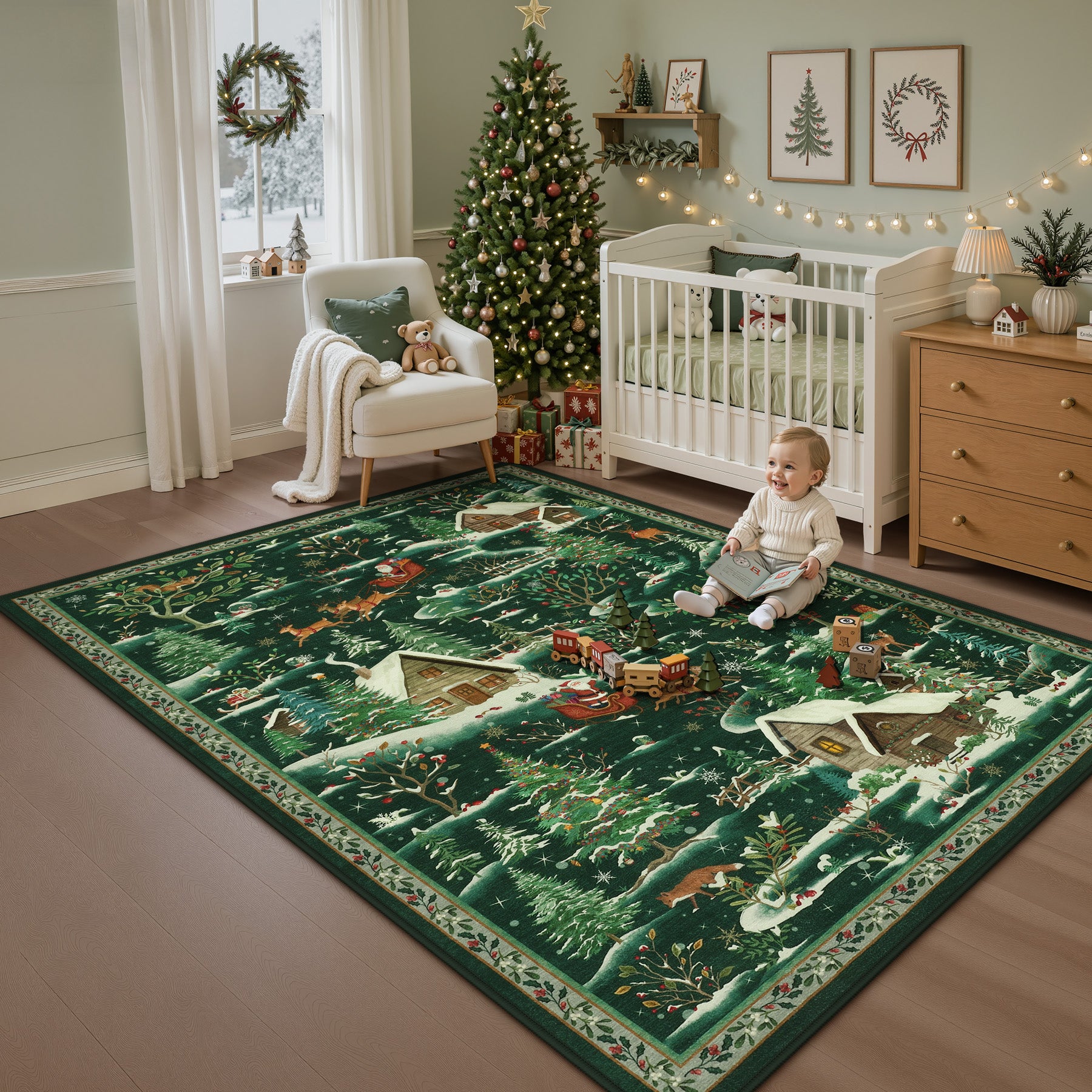 Christmas Snow Forest Washable Area Rug, Soft Holiday Scene Non-Slip Indoor Rug for Living Room Bedroom, Oeko-Tex Certified