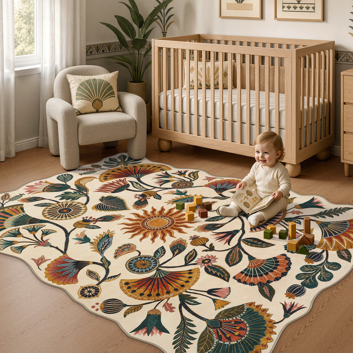 Boho Floral Washable Area Rug, Non-Slip Rug for Living Room Bedroom, Boho Floral Carpet