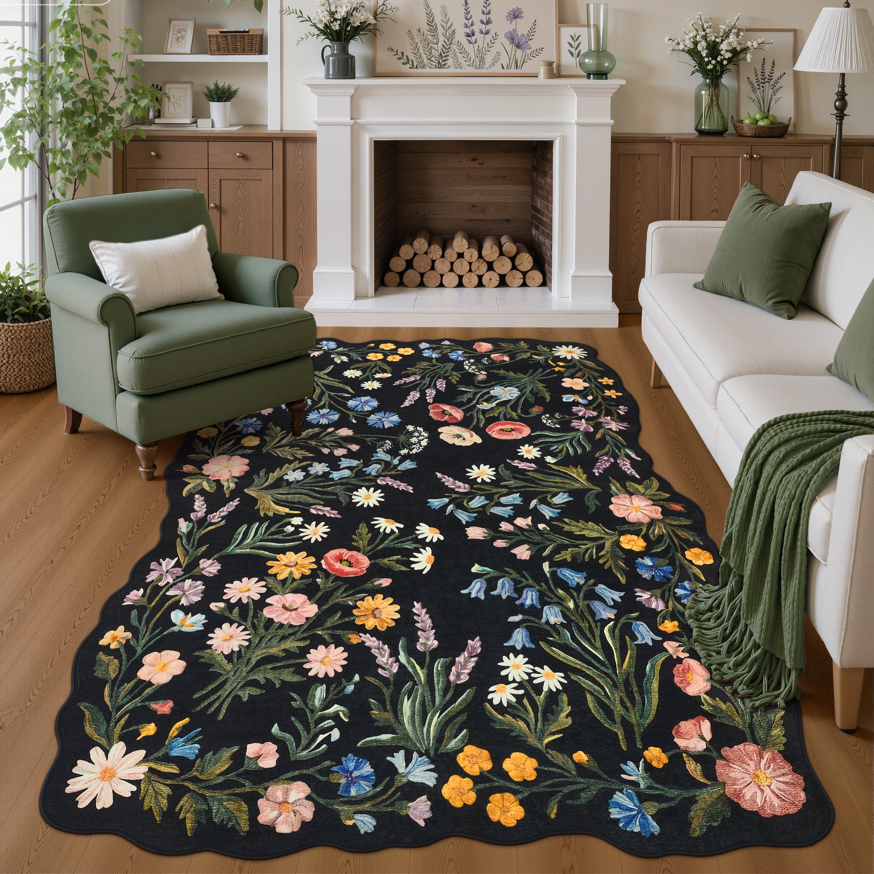 5x7/8x10 Floral Area Rug, Machine Washable Faux Wool, Non-Slip Scalloped Botanical Carpet