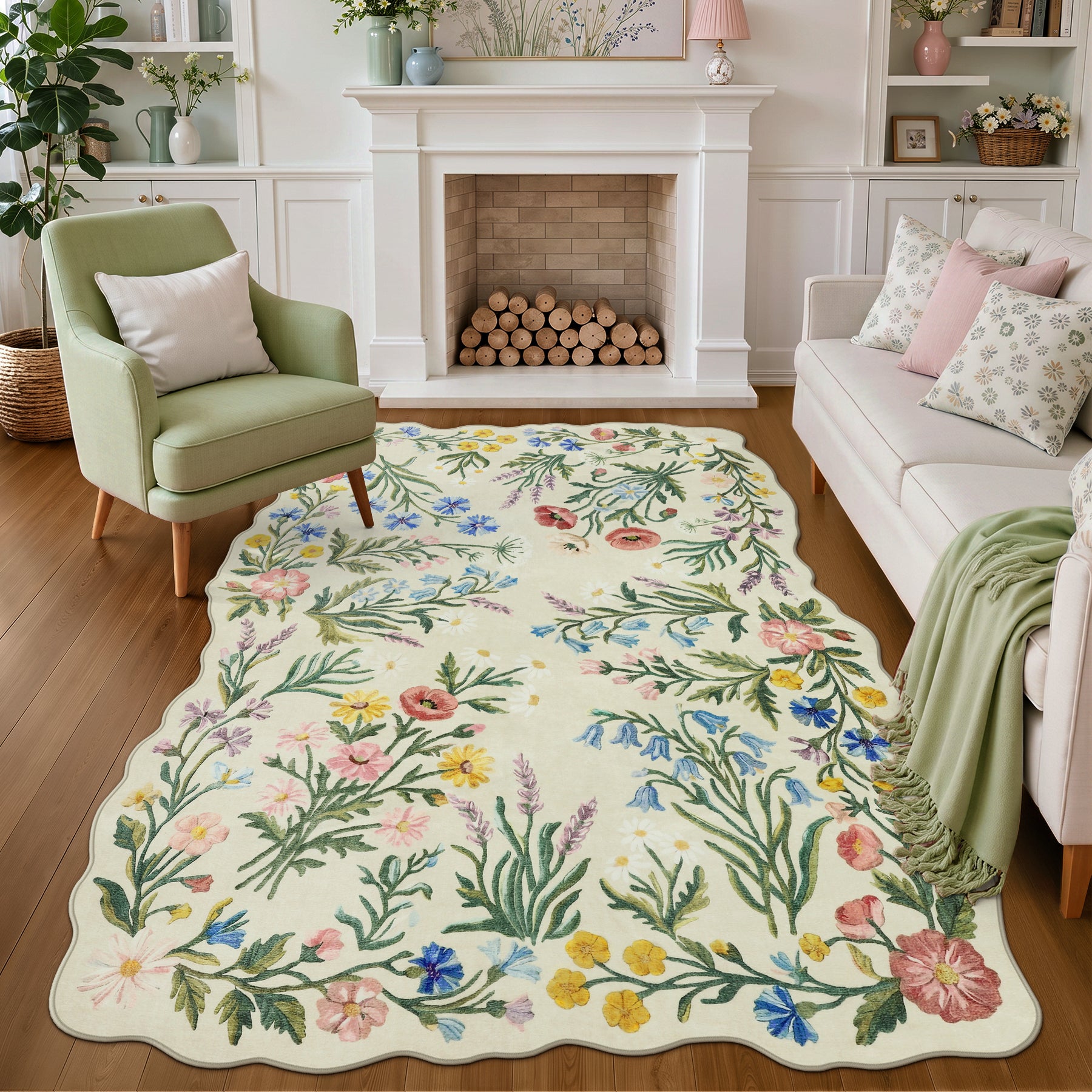 5x7/8x10 Floral Area Rug, Machine Washable Faux Wool, Non-Slip Scalloped Botanical Carpet
