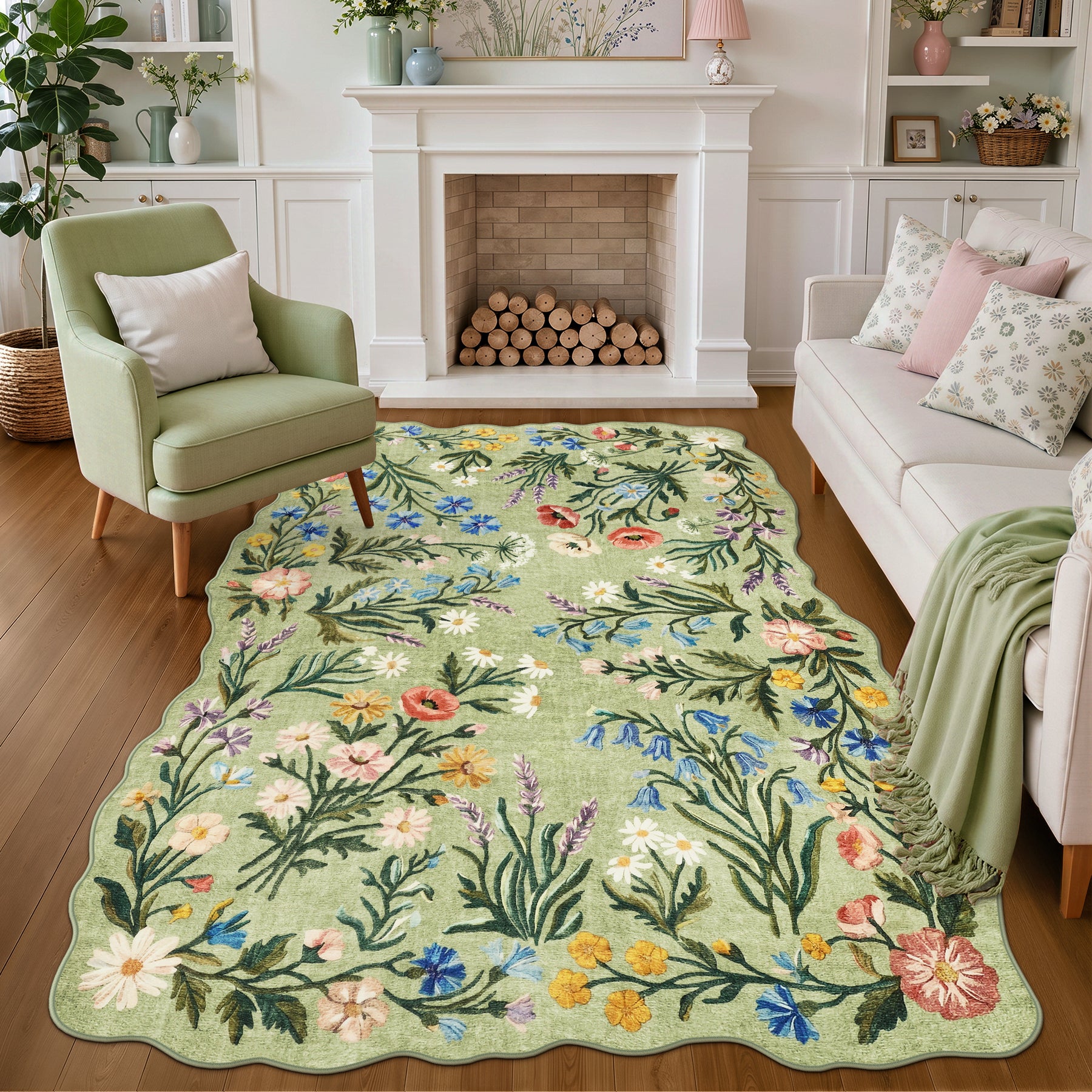 5x7/8x10 Floral Area Rug, Machine Washable Faux Wool, Non-Slip Scalloped Botanical Carpet
