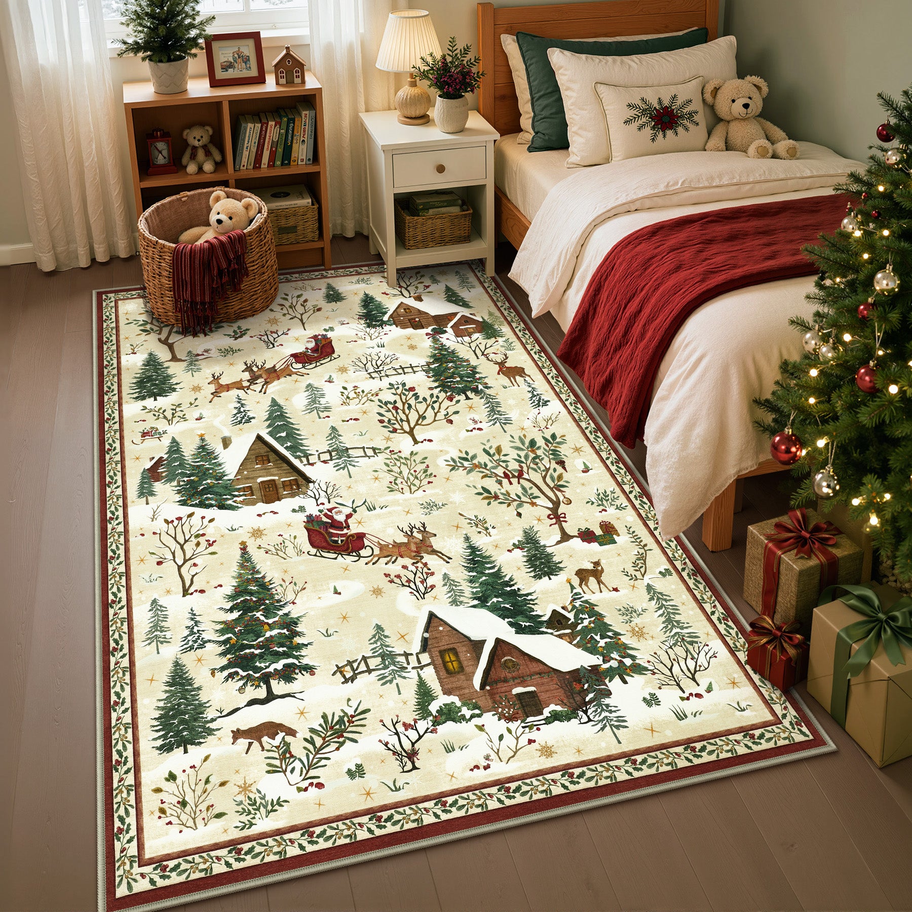 Christmas Snow Forest Washable Area Rug, Soft Holiday Scene Non-Slip Indoor Rug for Living Room Bedroom, Oeko-Tex Certified