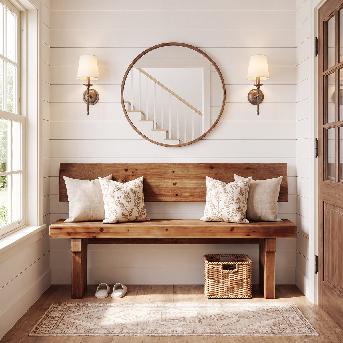55" Solid Wood Entryway Bench with Backrest, Shoe Bench for Hallway & Mudroom