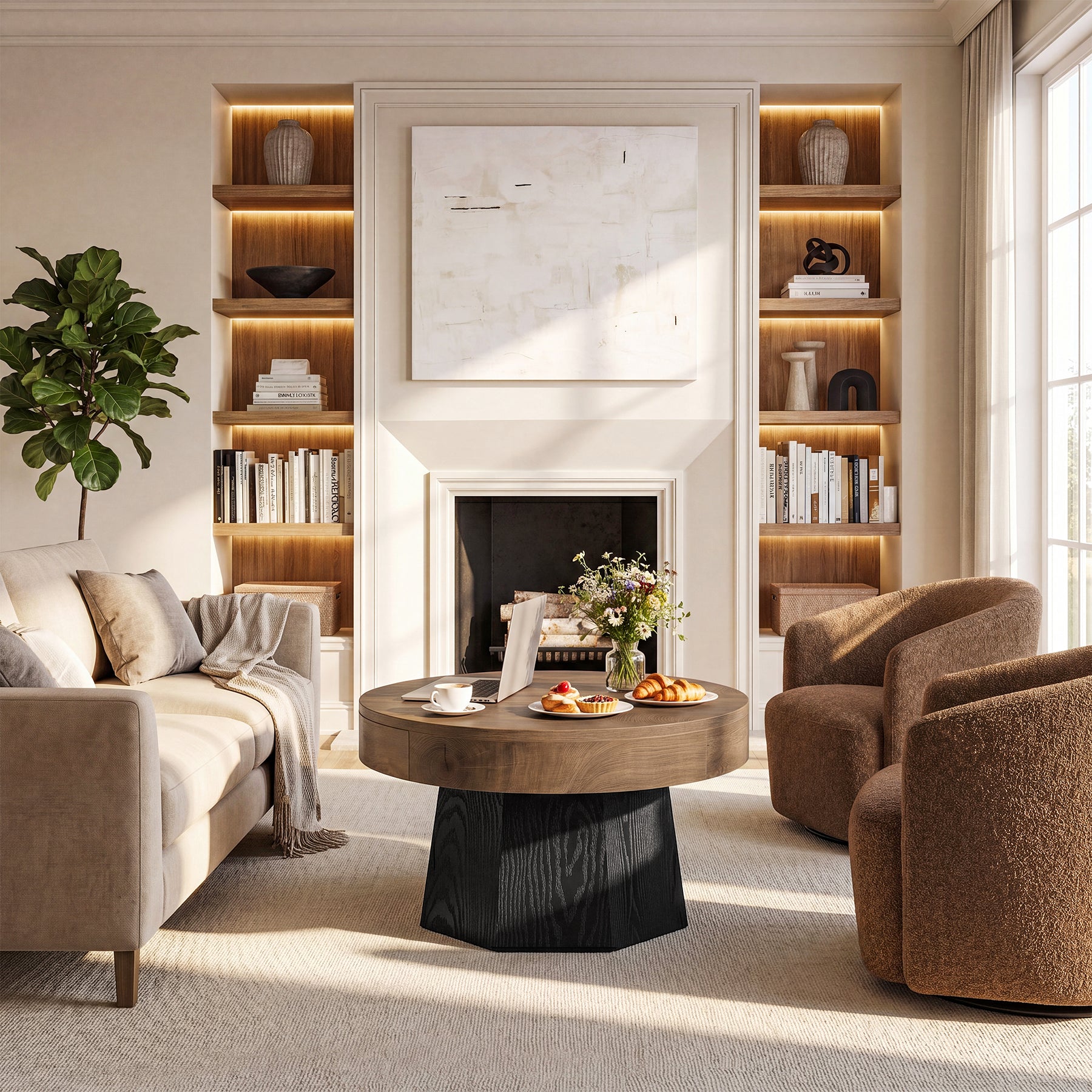 31.5" Round Coffee Table, octagonal base Tea Table for Living Room