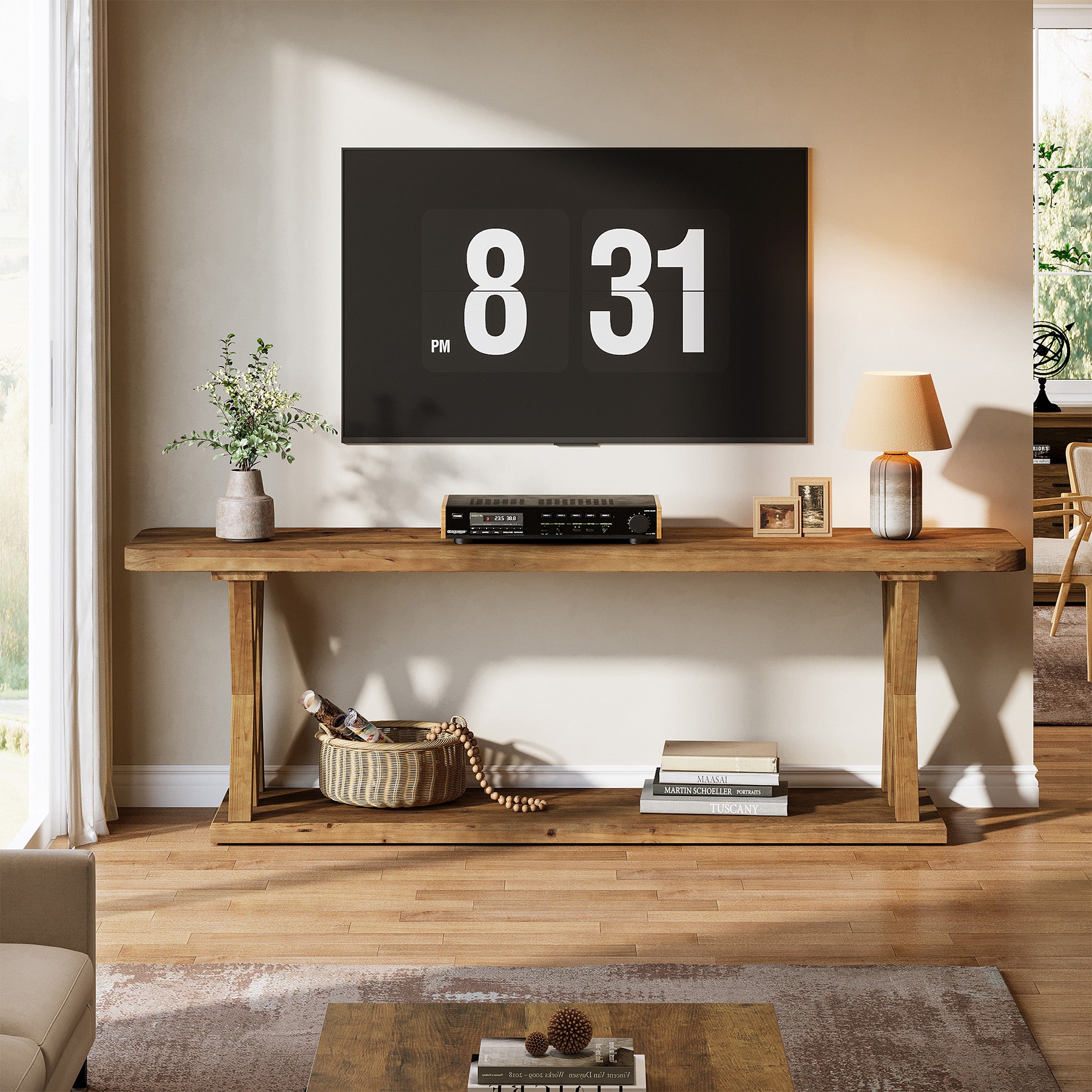 63" Solid Wood TV Stand, Farmhouse Entertainment Center for TVs Up to 75-Inch