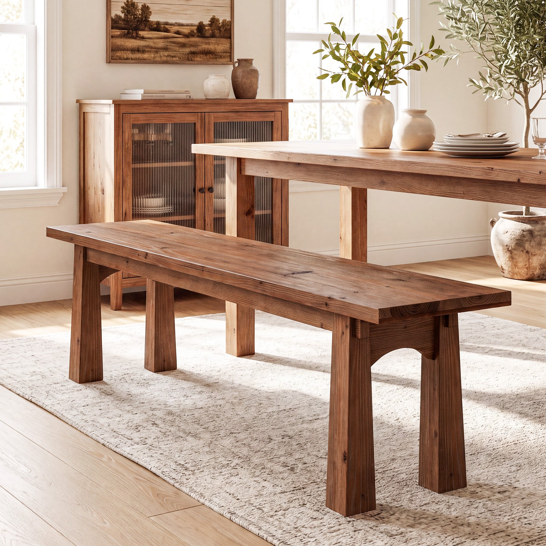 55" Solid Wood Entryway Bench, Farmhouse Shoe Bench End of Bed Bench, Easy Assembly