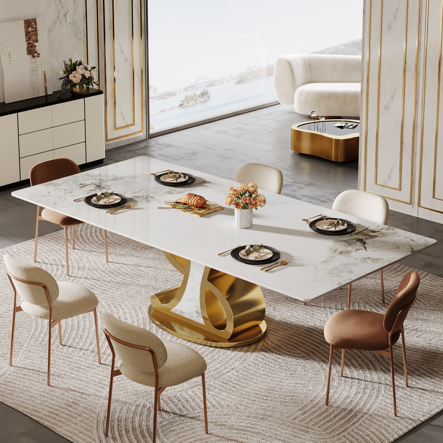 78.7" Sintered Stone Dining Table, Luxury Kitchen Table with Stainless Steel Base for 8-10