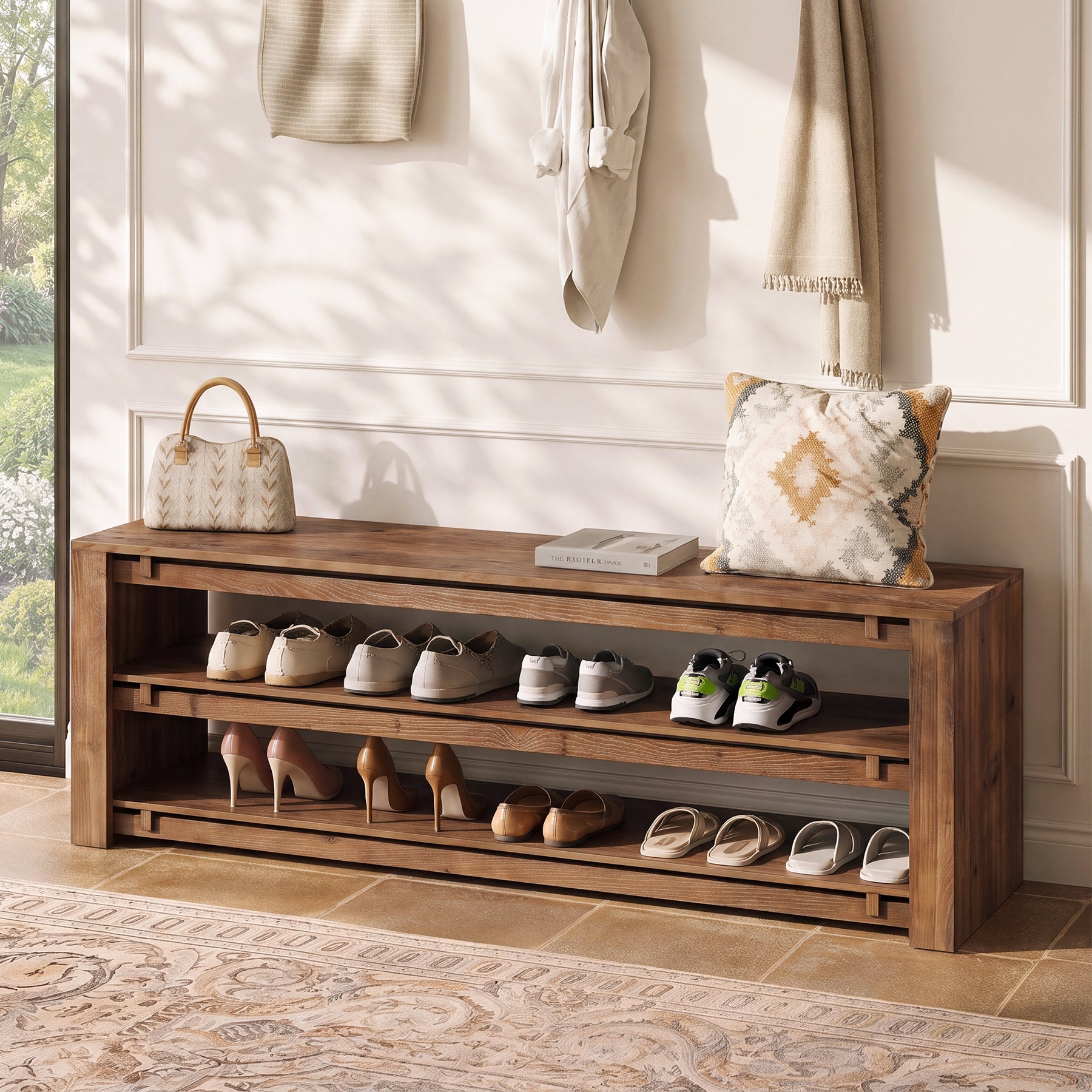 63" Solid Wood Entryway Bench with Storage, 3-Tier Shoe Bench for Hallway, Bedroom