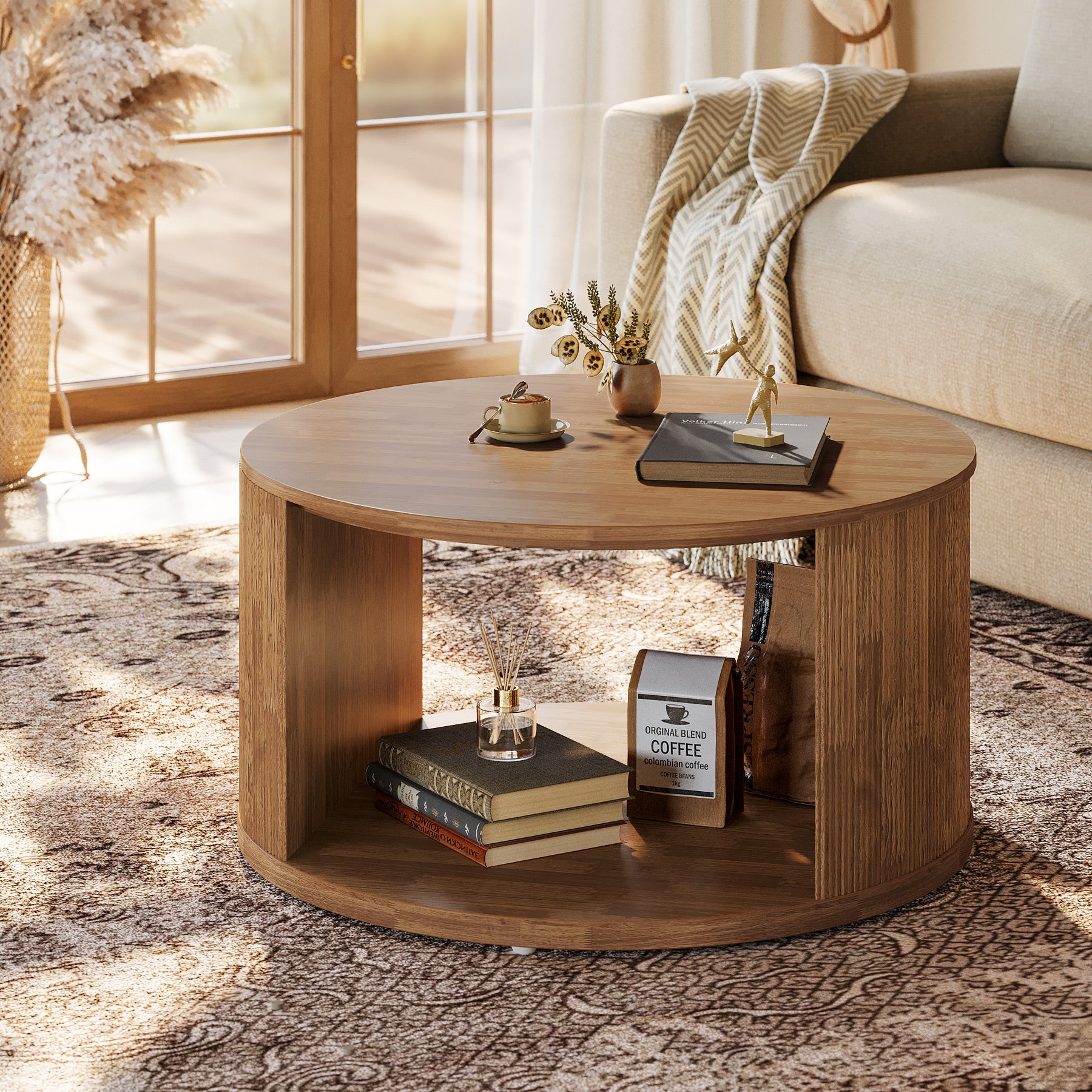 Round Coffee Table, 31.5" Center Table with Fluted Drum Base and Alcove Storage