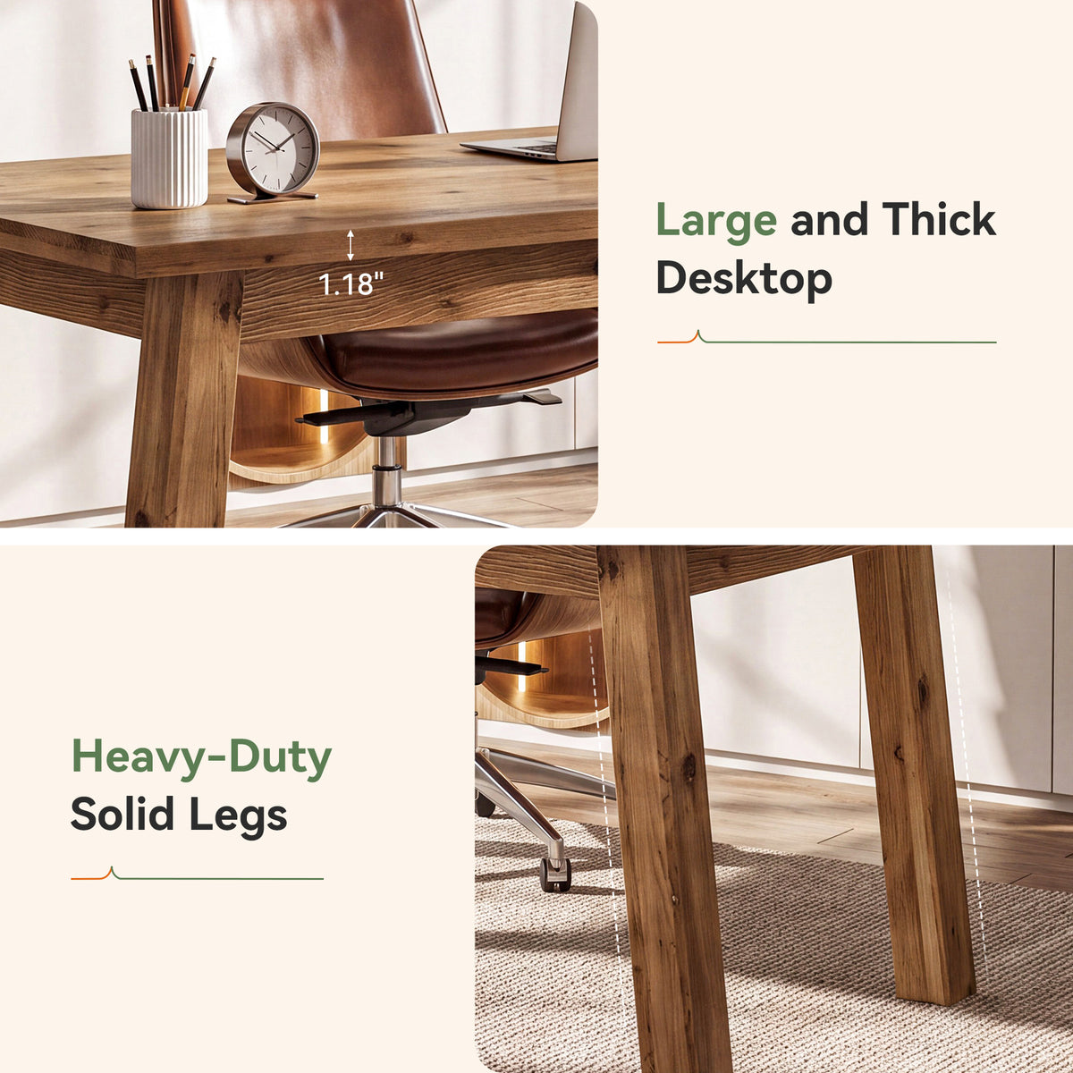 63"  Solid Wood Computer Desk, Farmhouse Executive Desk for Home Office