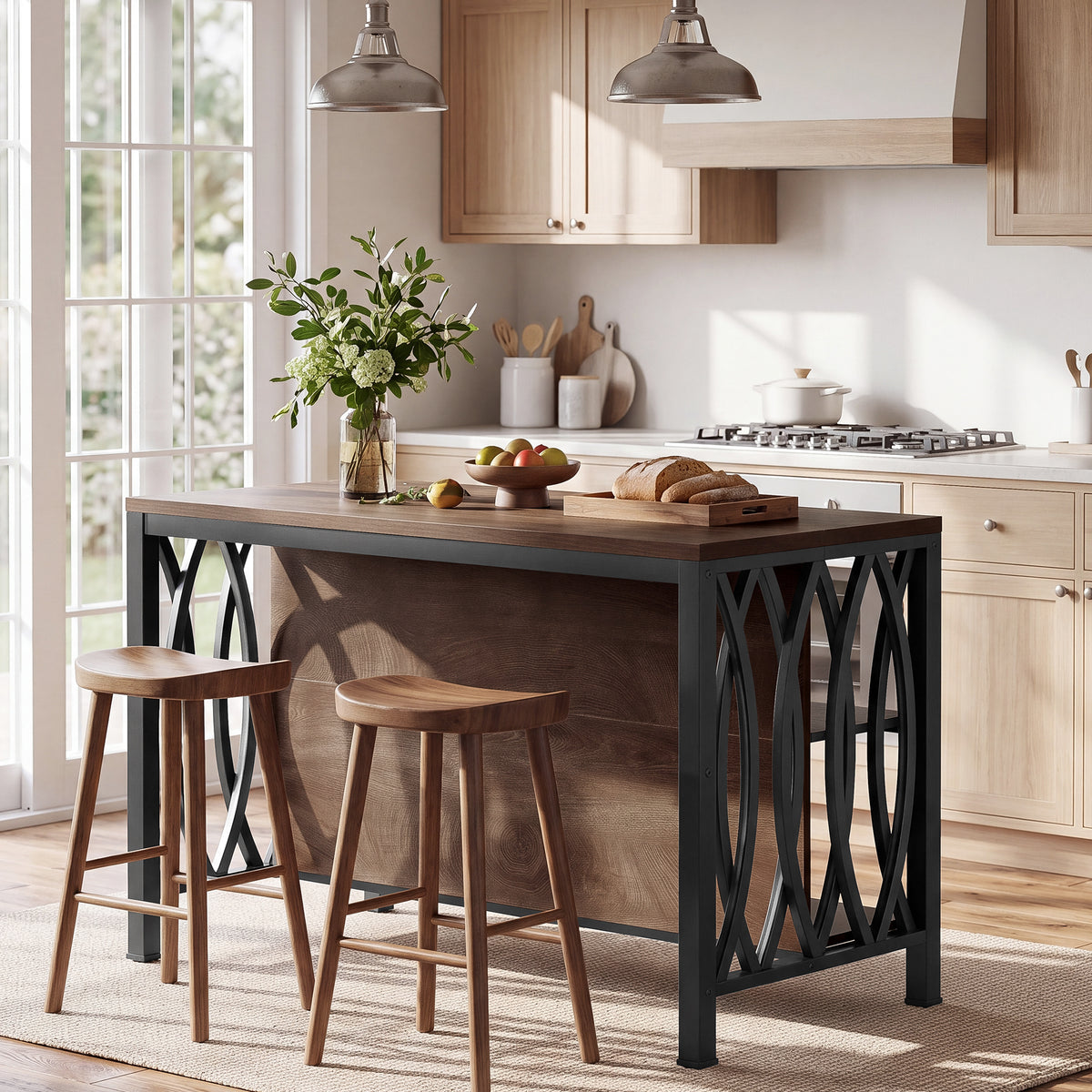 55" Kitchen Island with Storage, 3-Tier Stationary Island Table with Metal Frame for Kitchen