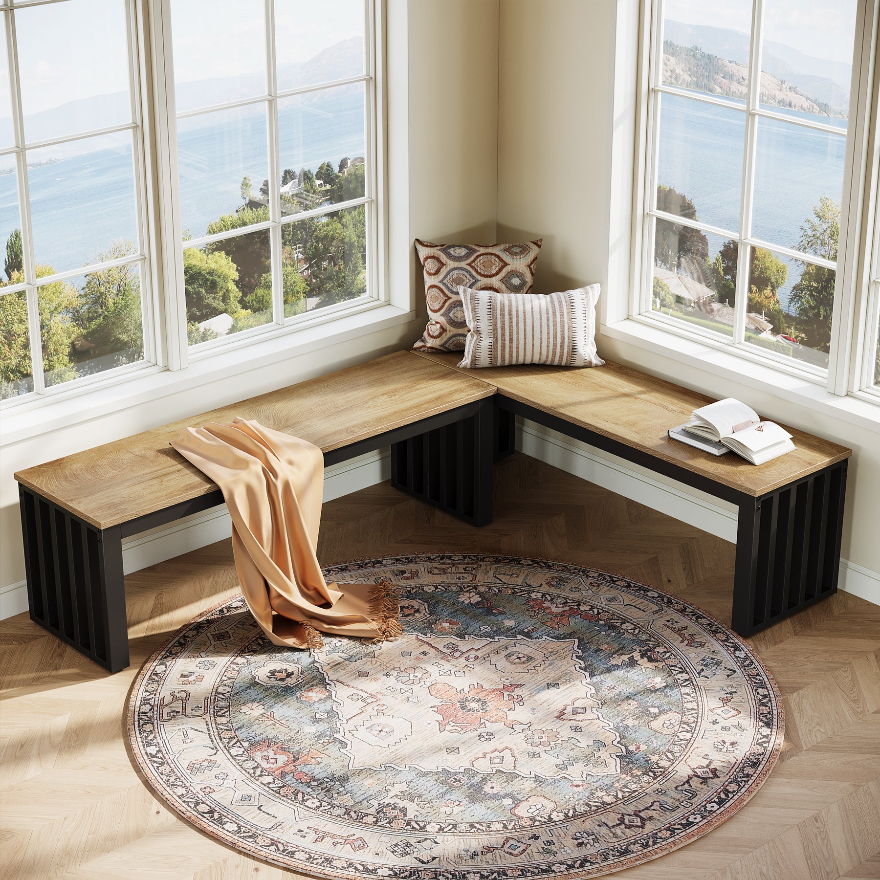 47" Kitchen Bench, Industrial Dining Room Bench with Metal Frame