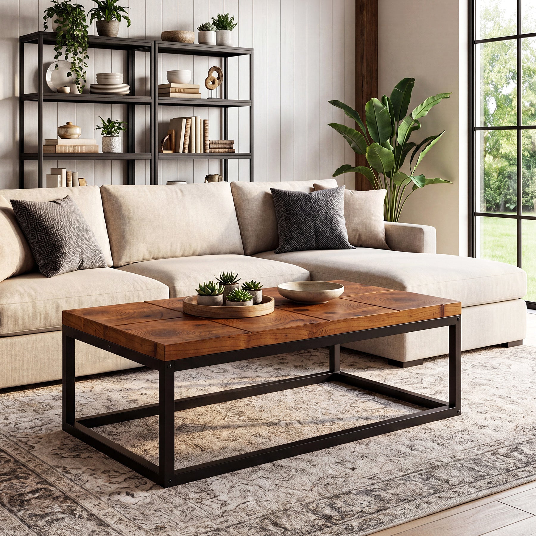 47" Rectangle Coffee Table, Solid Wood Industrial Center Table with Metal Frame