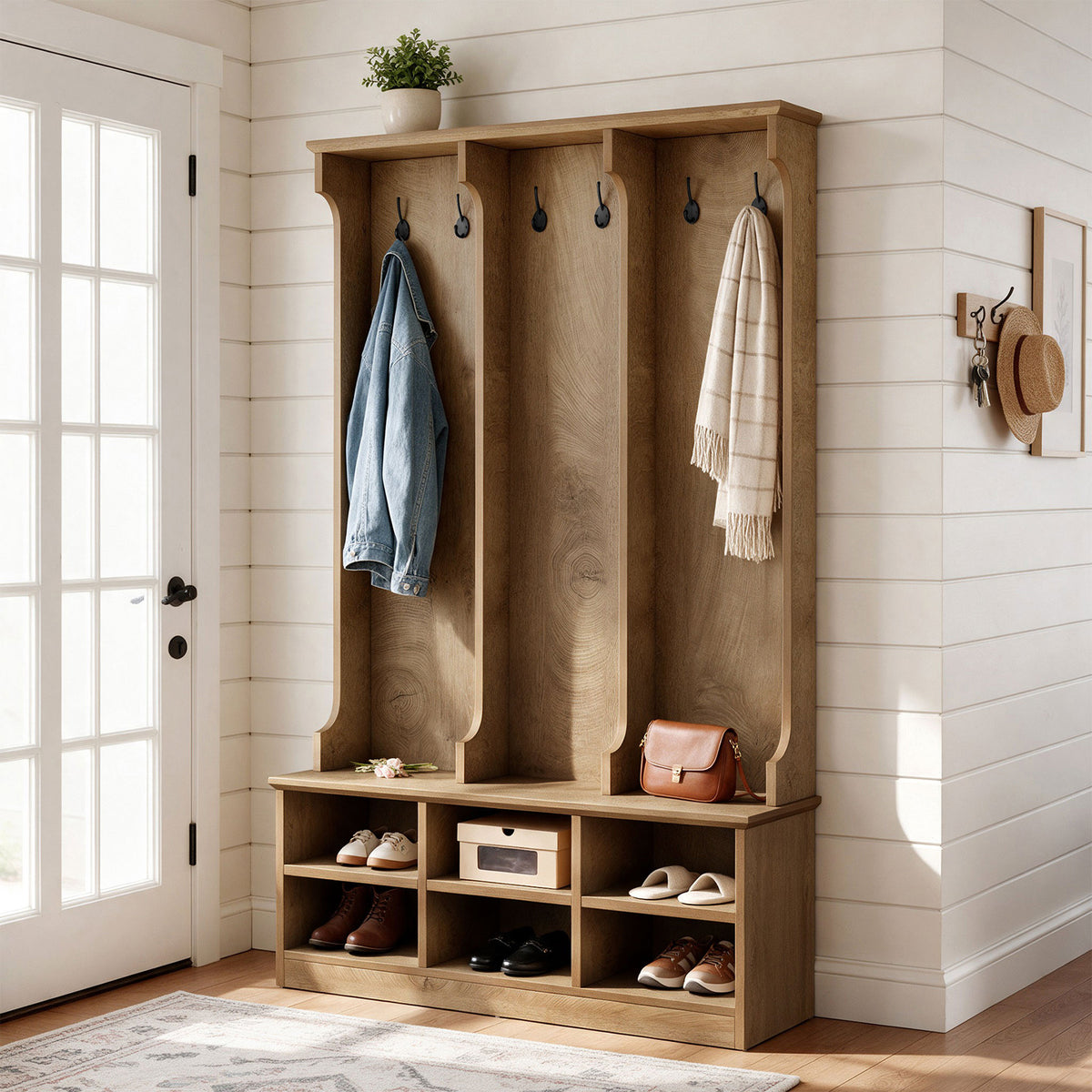 3-in-1 Hall Tree with Shoe Bench and Storage, 70.9" Entryway Coat Rack with 6 Double Hooks