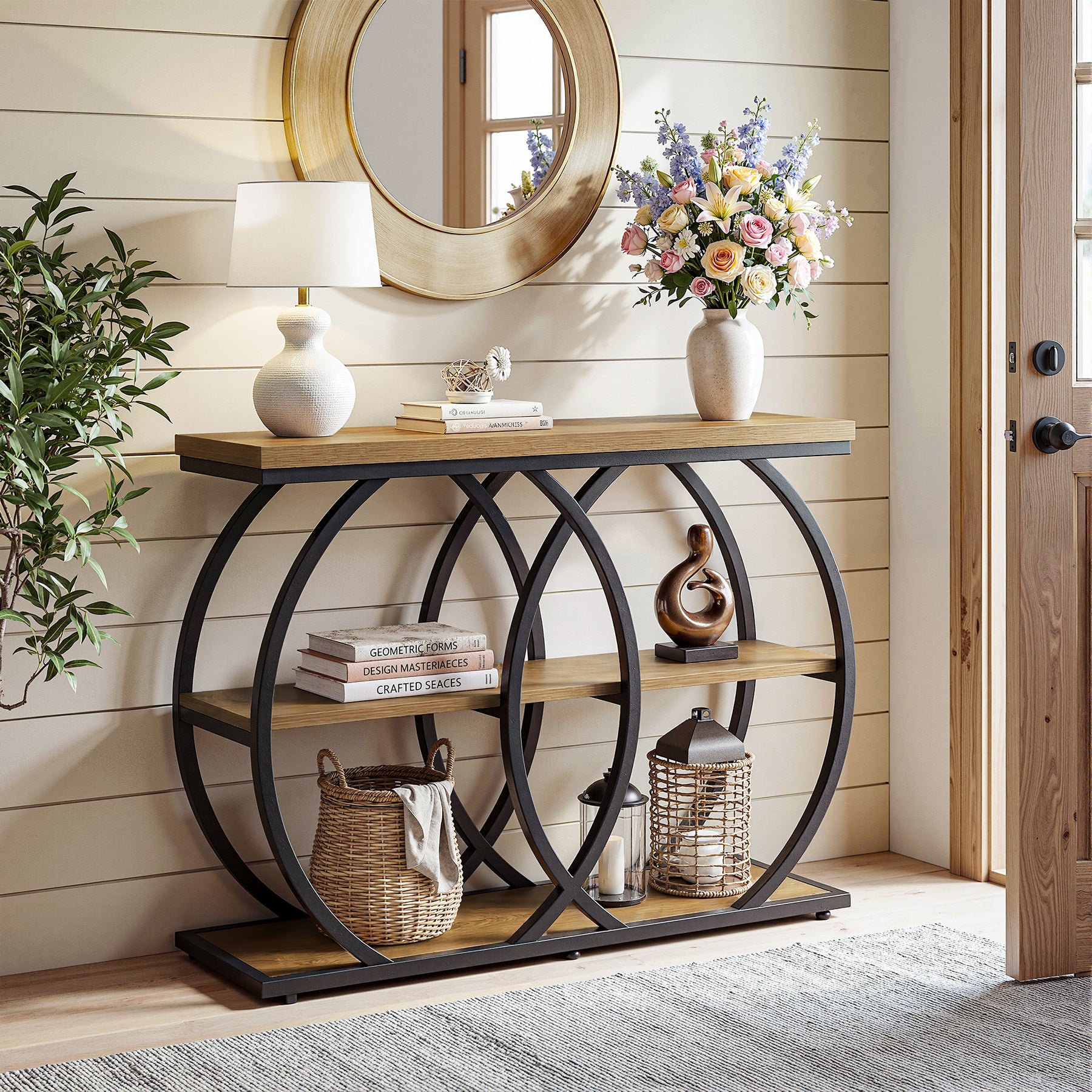 41.3" Industrial Console Table with 3-Tier Shelves, Narrow Entryway Sofa Table with Metal Frame