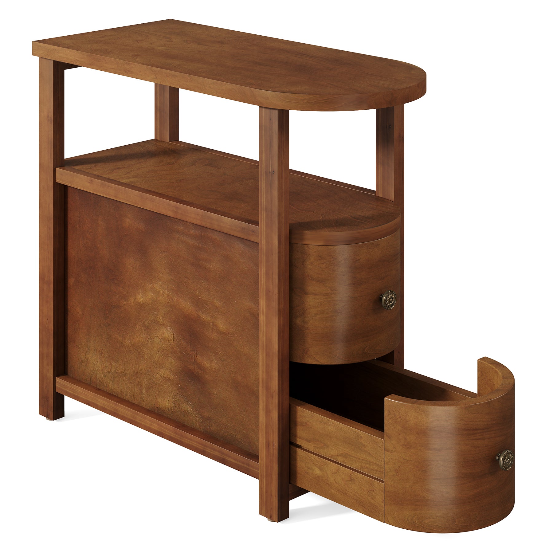 Solid Wood End Table, Slim Side Table with 2 Drawers & Open Shelf