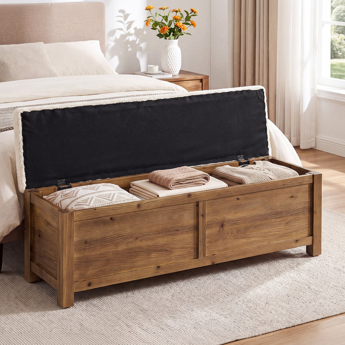 55" Lift Top Storage Bench, Hidden Storage, Wooden End of Bed Entryway Bench
