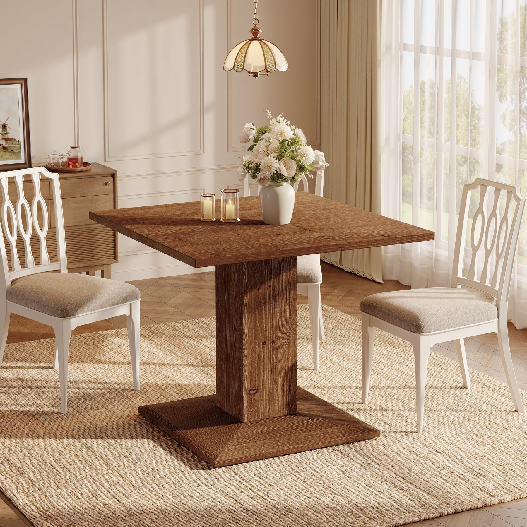 Solid Wood Square Dining Table for 4, 31.5" Kitchen Table with Pedestal Base