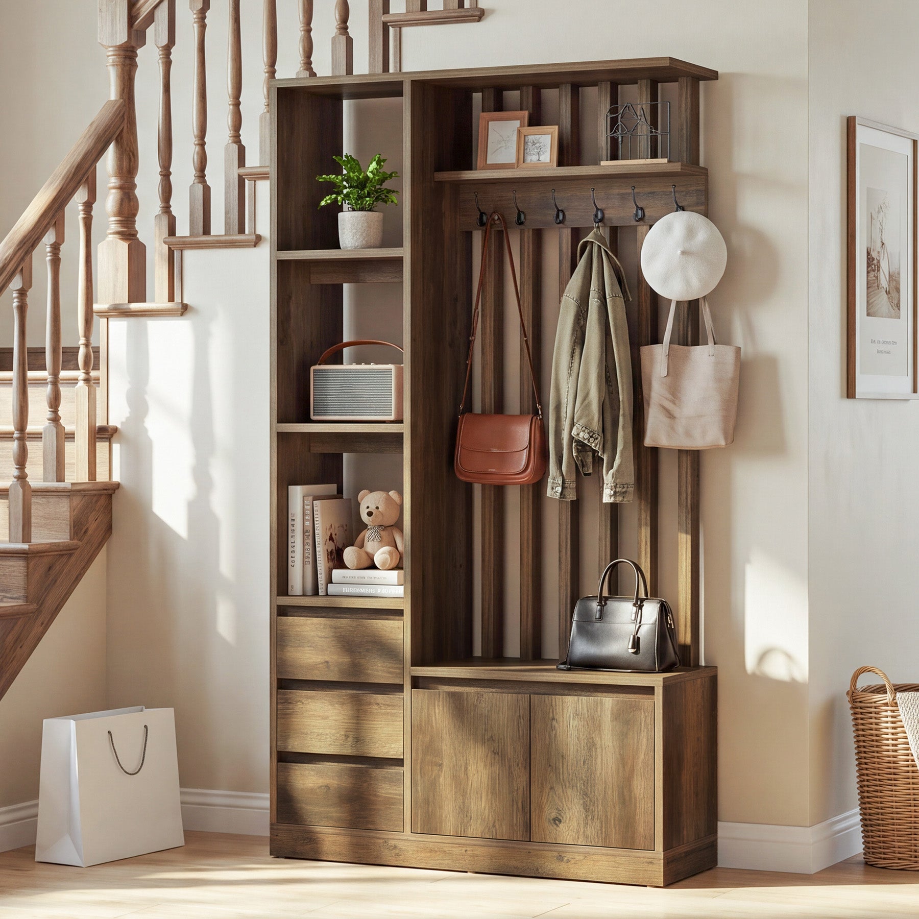 Hall Tree with Bench & Shoe Storage, Farmhouse 6 Hooks, 3 Shelves, 5 Shoe Cubbies, Entryway